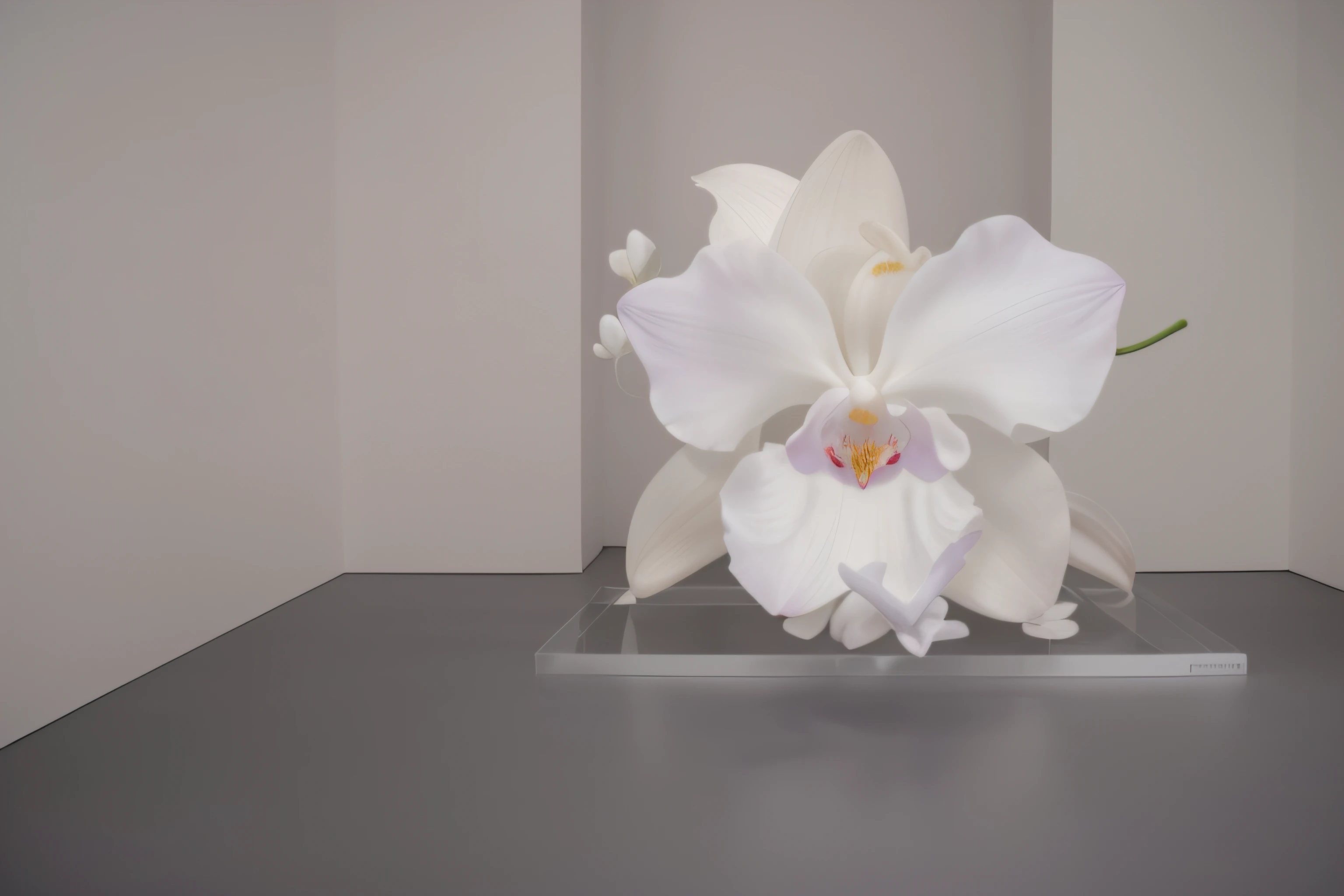 there is a white flower that is on a glass stand, koons, by Jeff Koons, 3 d giant orchid flower, neri oxman, tokujin yoshioka, su fu, orchid made of mother of pearl, 2 0 1 4, 2014, kim hyun joo, kara walker james jean, kan liu, kara walker, woo kim