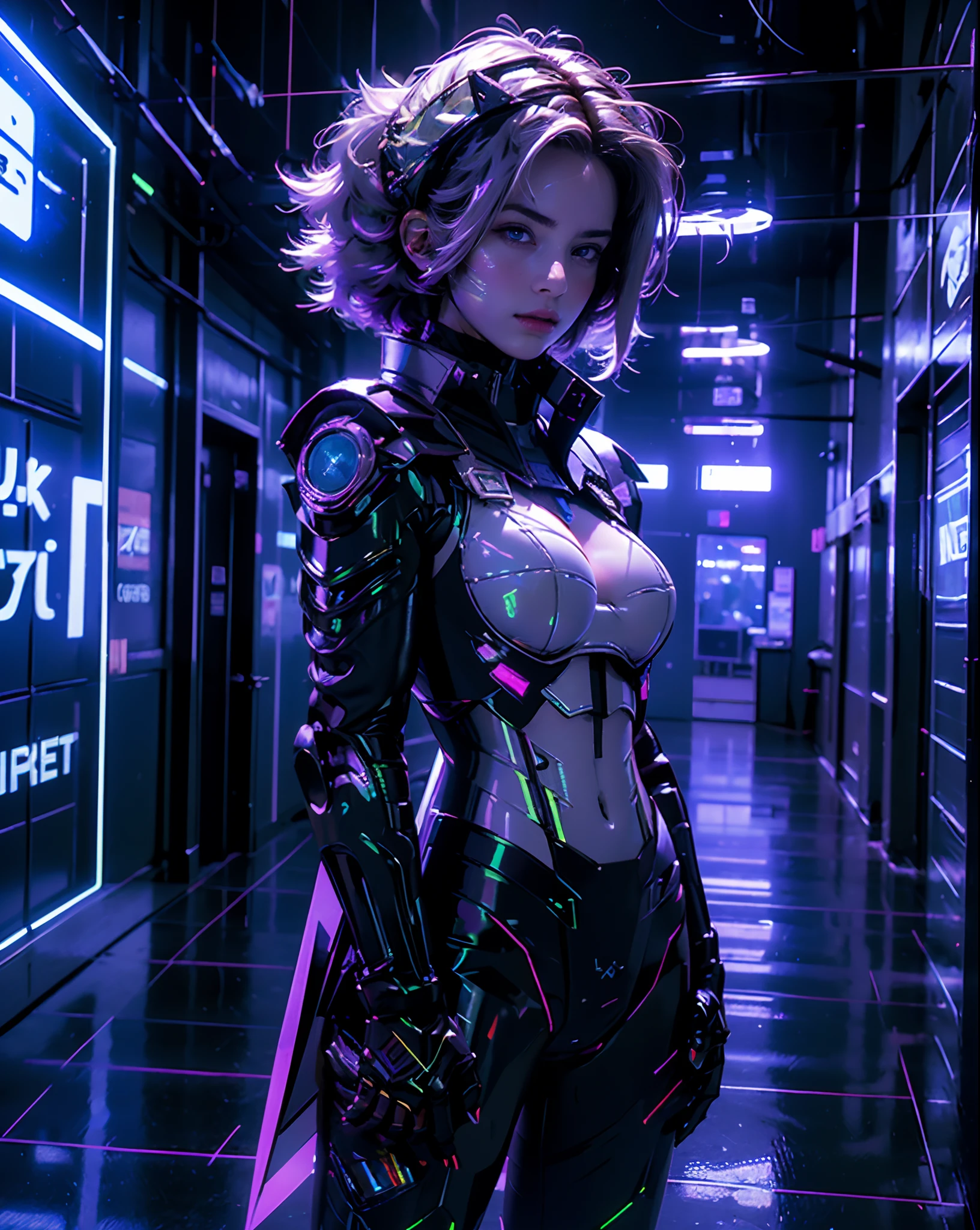 top-quality, tmasterpiece, super A high resolution, (Photorealsitic:1.4), RAW photo, Battle Robot Angel, Large wing made of metal, White porcelain body, Acrylic transparent cover, whaite hair, glowy skin, 1 Cyborg Girl, (( Super realistic details)),porate,globalillumination,black shadows,octan render,8K,ultrasharp,Character edge light,Colossal tits,Raw skin is exposed in cleavage,Details of complex ornaments,Details of the Twin Zeta Gundam,Hydraulic cylinder,small led lights, highly intricate detail, Realistic light, a purple eye, Radiant eyes, Facing the camera, neon light detail, cow boy shot, Futuristic headgear, Floor plan about the "cyber punk perssonage",