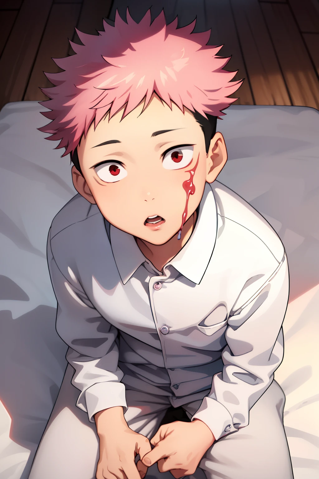 white liquid on your face，Masterpiece, Best quality, High quality, 1boys, Solo,, (Board Pass_Yuuji)，Pink hair，younge boy，(7 :1.2)，(Young:1.2)，sit on a bed，looks into camera，Jumpy，uneasy，Be red in the face，Be red in the face，(trouser)，,Shota,Little bo