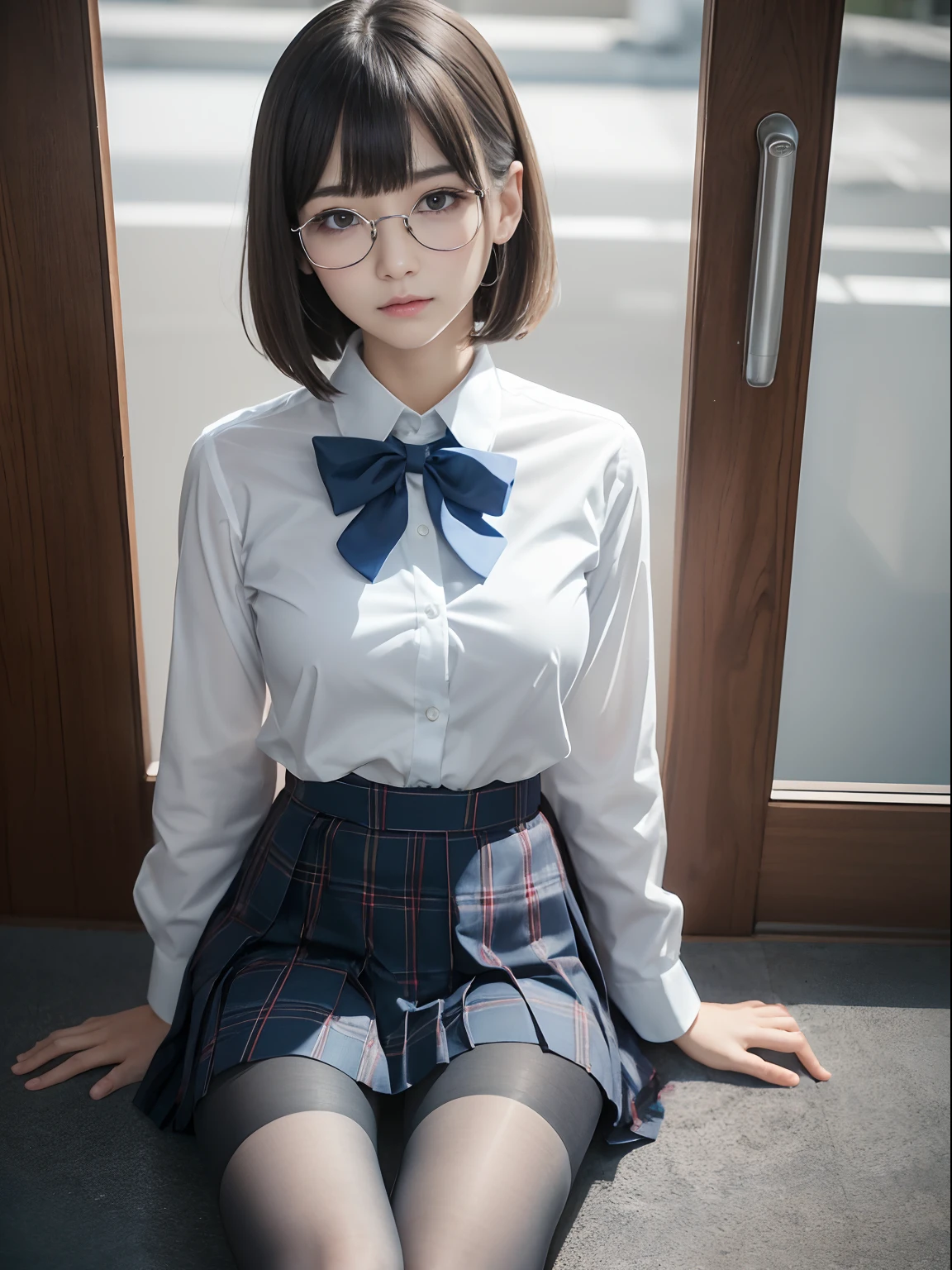 (Long bob cut)、(Underwear is visible)、((Narrow-eyed))、((Narrow-eyed))、((Narrow-eyed))、(8K、Raw photography、top-quality、​masterpiece：1.2),、Has a small、(flat breast)、(flat breast)、(flat breast)、(flat breast)、(flat breast)、(being thin)、light skinned、skin whitening、Dark look、Rasping,glamor,Chromo-white skin,cocky,School,watching at viewers,Looking at the front,Muchimuchi,High-pitched clothing,Erotic,Pupils,de pele branca,kne,((Black pantyhose)),absurderes,a small face,,Forehead visible,Bangs hanging from the left and right sides of the forehead,(a cold expression,Tight eyes,glares,Bullish,irate)、​masterpiece,top-quality、超A high resolution,Raw photo,ren,Beautiful fece,One Person, 独奏,eye glass,,Dark look,Small breasts,fullllbody,Round glasses,JK school uniform,hi-school girl,A Japanese Lady,is standing,（Photorealsitic：1.37）、Photon mapping,Realistic、Beautie,Cute little face,Brown-eyed、Black socks、(Red bow tie)、Radio City、Physically Based Rendering、depth of fields、Blurry background、a picture,Body,beauty legs, Long legs, Thin leg,(Bangs are visible), hair, s lips, Blue_The eye, nosesoft,(Light blue shirt), (Navy and blue and white plaid pleated skirt), Knees are visible,Sheer clothing,, Thigh, Black cotton socks,Nogizaka Idol, 女優, Japanese ido