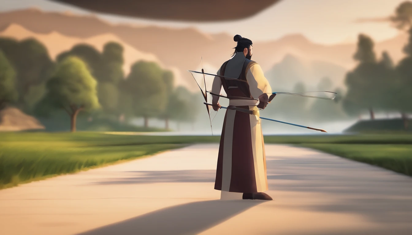 Best quality,Highly detailed,Masterpiece,Asian male,in a panoramic view,At the playing field,There are a lot of people,Bow and arrow competition,Archery competition,wearing a hanfu,Square face,Deep eyes,Beard