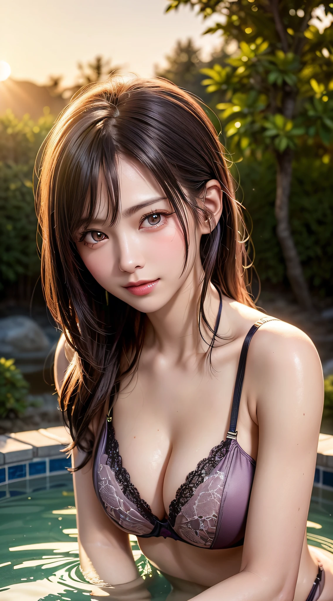 1girl, Extremely cute, Amazing face and eyes, (Beautiful lovely smile), (extremely detailed beautiful face), bright and shiny lips, (cute bikini:1.3), (very elaborate lace bra:1.5), smooth skin, super beautiful, attractive, (Best Quality:1.4), (hyper quality), (Ultra-detailed), (hyper-realistic, Photorealsitic:1.37), Authentic skin texture, complex details, extremely detailed CG unified 8k wallpaper, RAW Photos, professional photograpy, Cinematic lighting, (taking a bath in a hot spring), ((Hot springs, open-air baths, forests, forests, sunsets)),