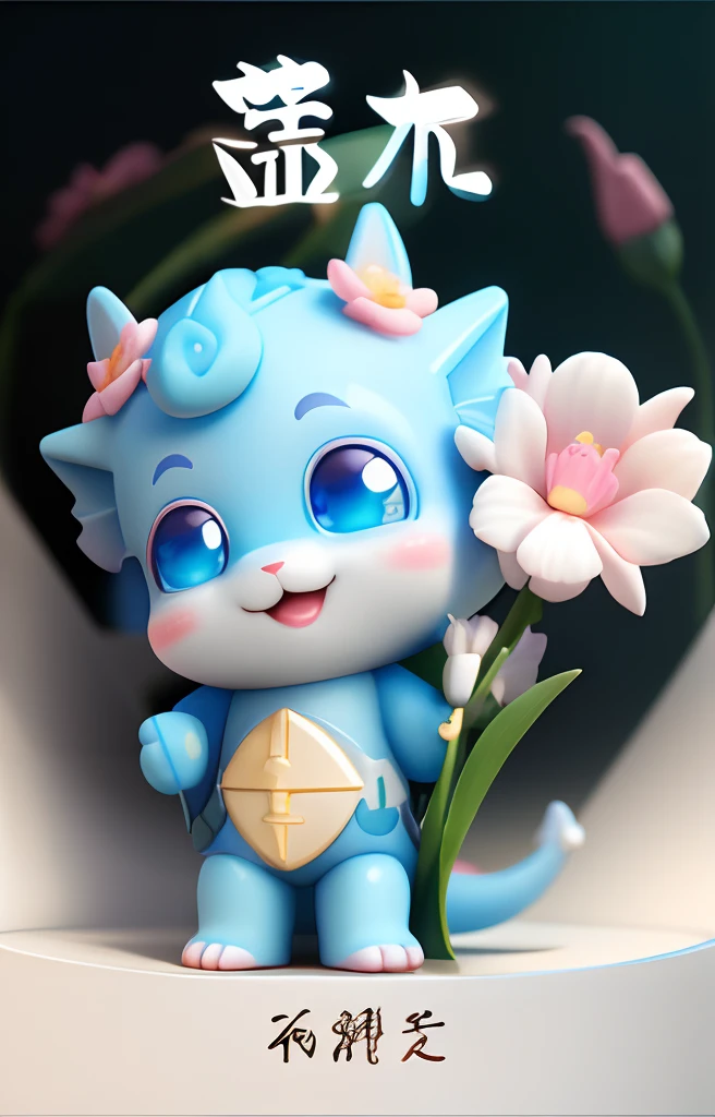 There is a cartoon blue dragon，Holding a flower in hand, a cute little blue dragon, telegraph stickers, cute little dragon, cute axolotl, telegraph stickers design, inspired by Luo Mu, cutecore, With flowers, Detailed fanart, inspired by Park Hua, Cute Characters C4D Modeling 3D Models Clay Material Pastel Colors Q Version Mystery Box Character Style Glossy Feeling