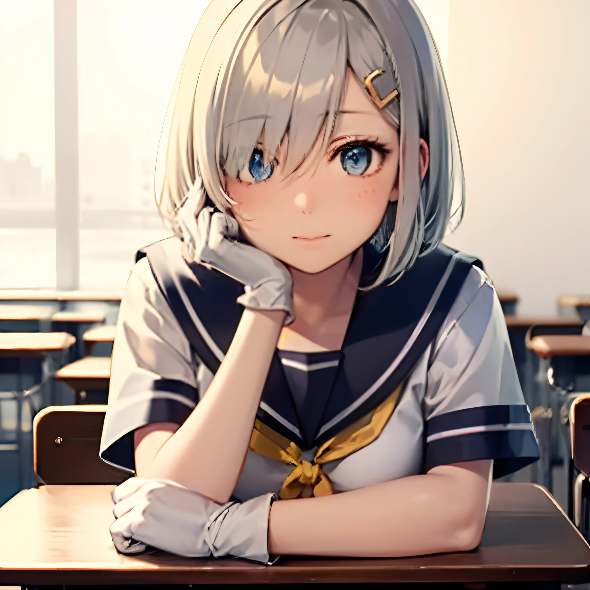 hamakaze, hamakaze, blue eyes, grey hair, hair ornament, hair over one eye, hairclip, short hair, short hair, BREAK black pantyhose, buttons, gloves, grey sailor collar, grey skirt, hairclip, neckerchief, pantyhose, pleated skirt, sailor collar, school uniform, serafuku, skirt, white gloves, yellow neckerchief, BREAK looking at viewer, BREAK indoors, classroom, BREAK (masterpiece:1.2), best quality, high resolution, unity 8k wallpaper, (illustration:0.8), (beautiful detailed eyes:1.6), extremely detailed face, perfect lighting, extremely detailed CG, (perfect hands, perfect anatomy), upper body