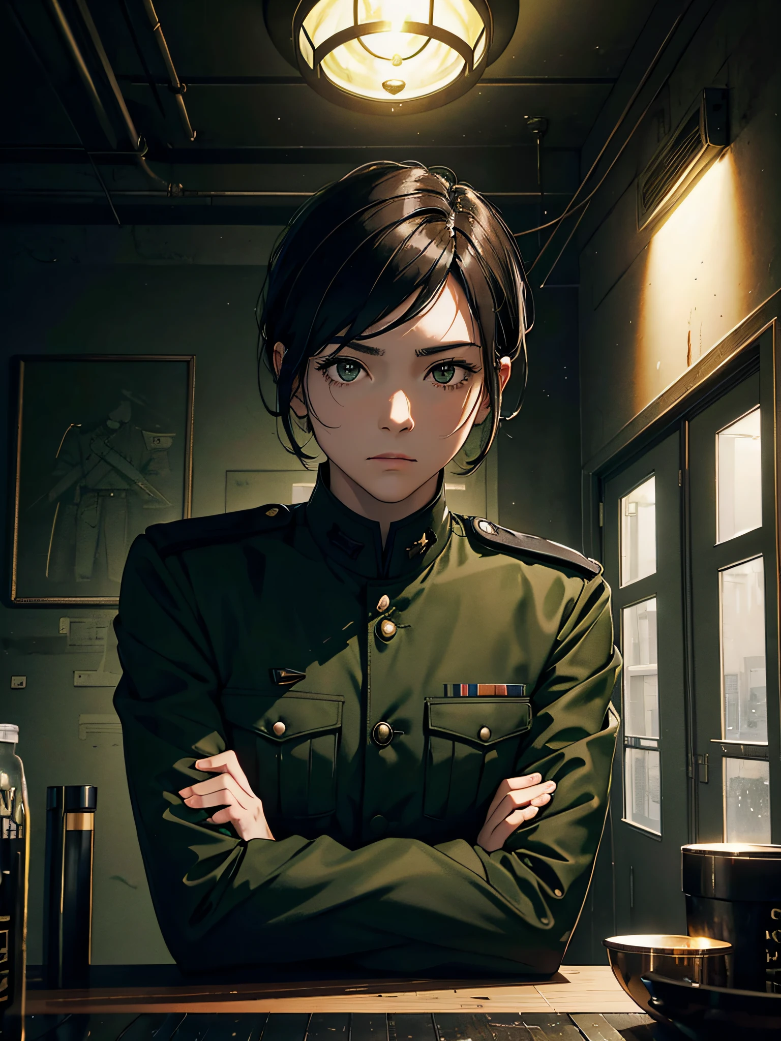 Masterpiece, black brown short hair, man, dystopian world, military green-black uniform, brown eyes, closed clothung, sits, gloomy military table in the dining room, dystopic art in green iron lights, dim white lights