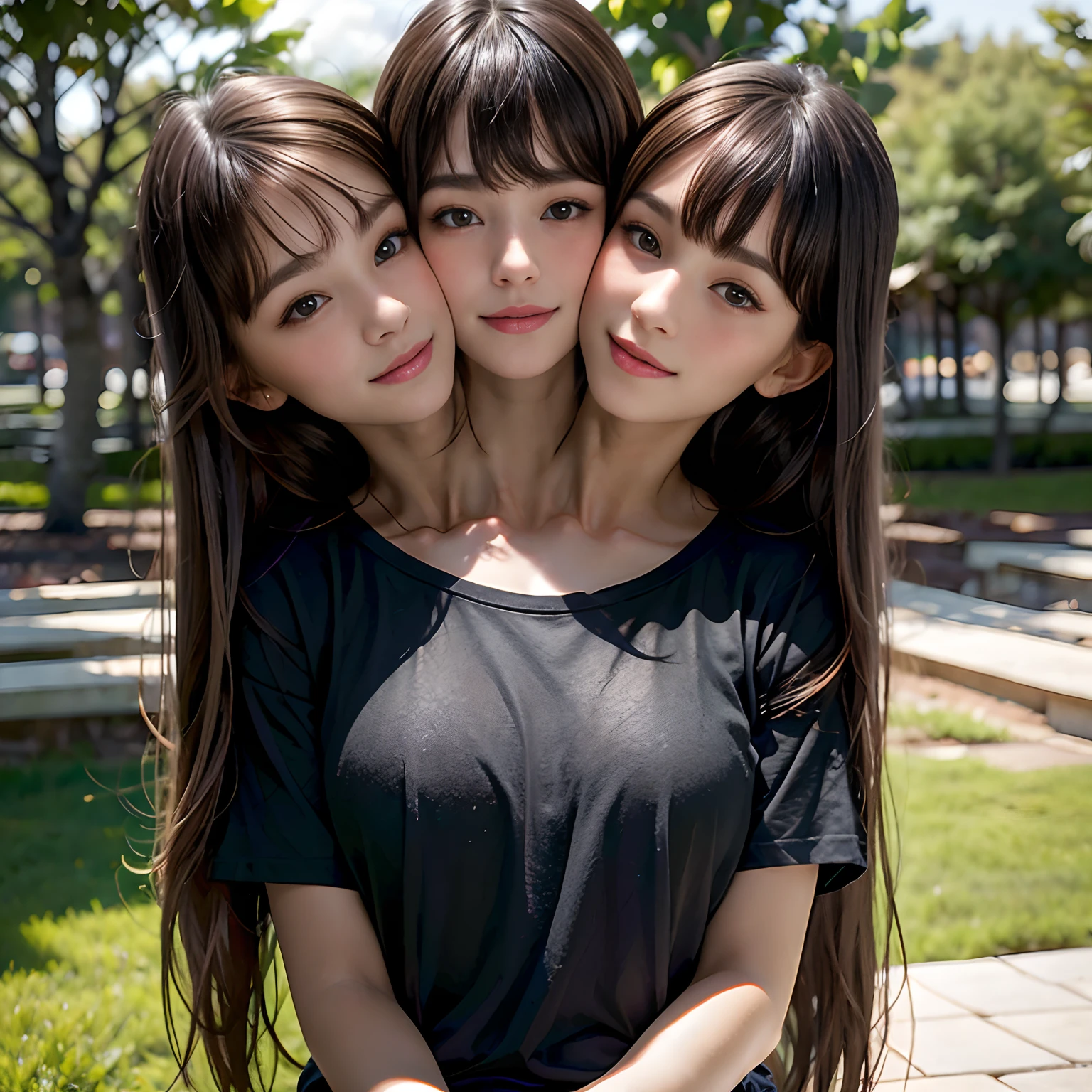 (best quality, 2heads, european girl with two head kissing girl on cheek, extremely long hair, different hair bangs,half color t-shirt,park background,)