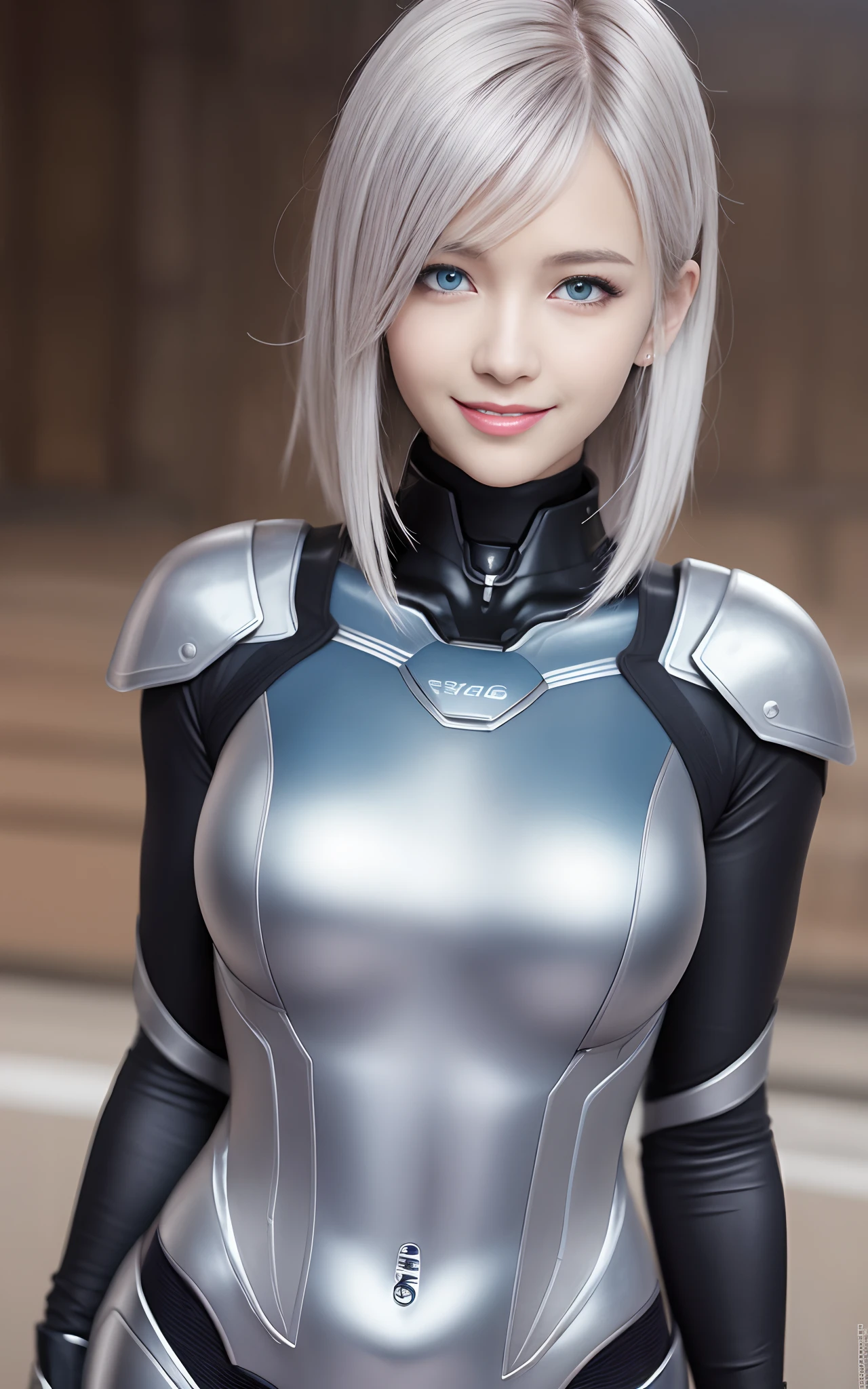 blue eyes, waist shot, stunning proportions, smile, portrait, photorealistic, a beauty girl, skin-tight bodysuit, evangelion style bodysuit, silver hair, armor