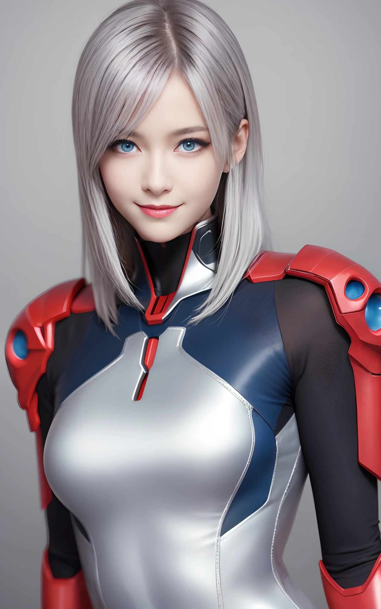 blue eyes, waist shot, stunning proportions, smile, portrait, photorealistic, a beauty girl, skin-tight bodysuit, evangelion style bodysuit, silver hair, armor