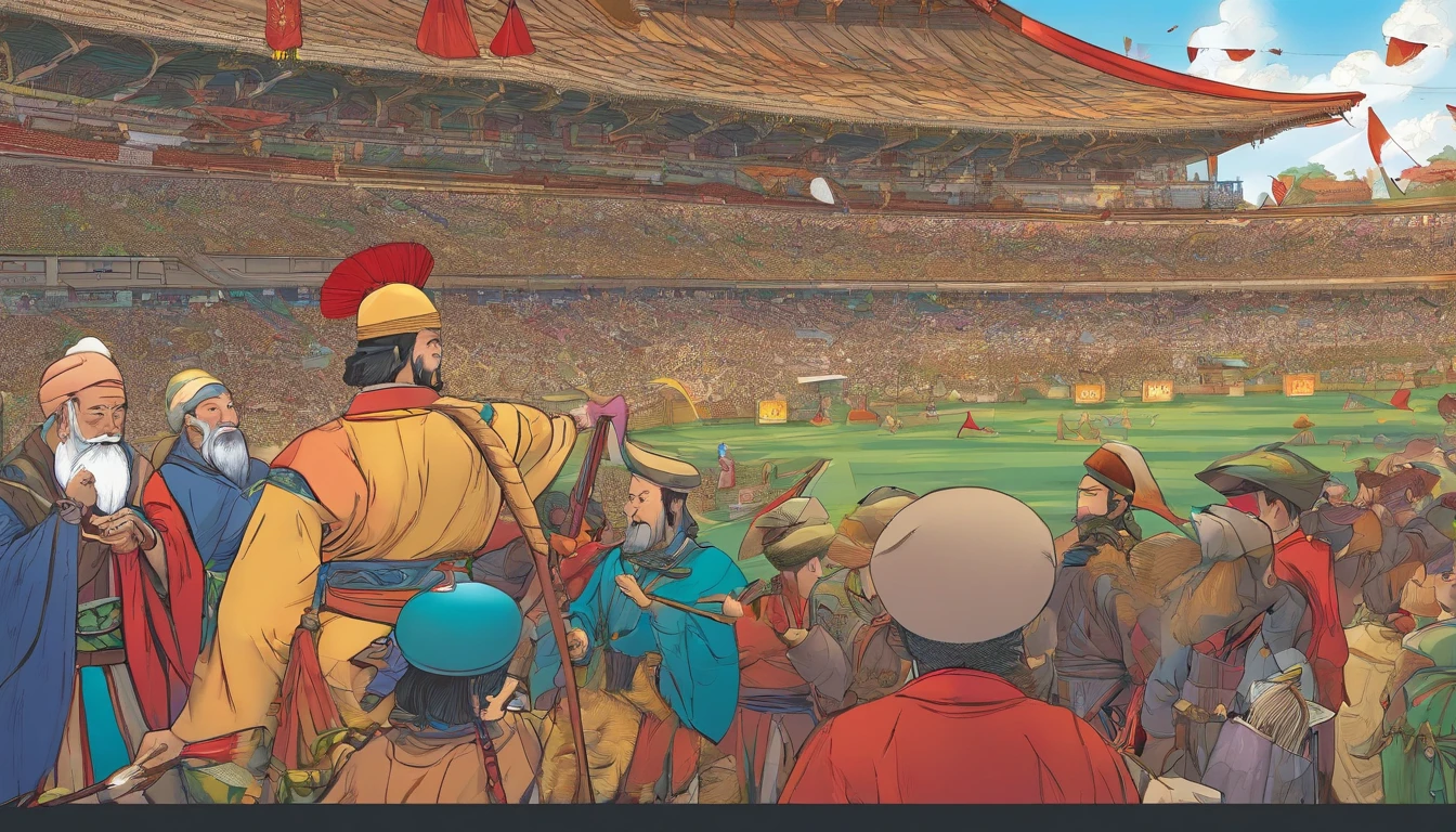 Best quality,Highly detailed,Masterpiece,Asian male,in a panoramic view,On the sports field,There are a lot of people,Bow and arrow competition,Archery competition,wearing a hanfu,Square face,Deep eyes,Beard