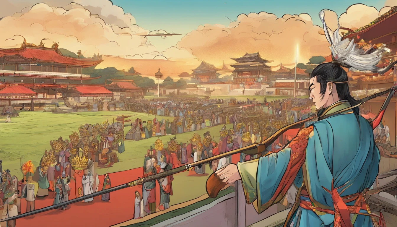 Best quality,Highly detailed,Masterpiece，Asian male，in a panoramic view，On the sports field，There are a lot of people，Bow and arrow competition，Archery competition，wearing a hanfu，Square face，Deep eyes，Beard