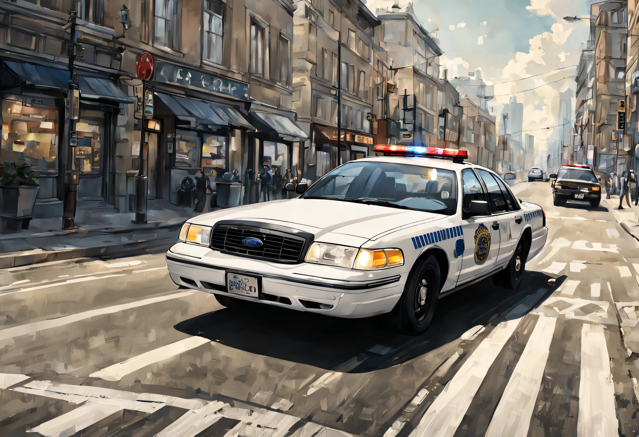 Ford Crown Victoria de Police, en train de rouler dans la ville, style dessin manga, Realstic, Distant view