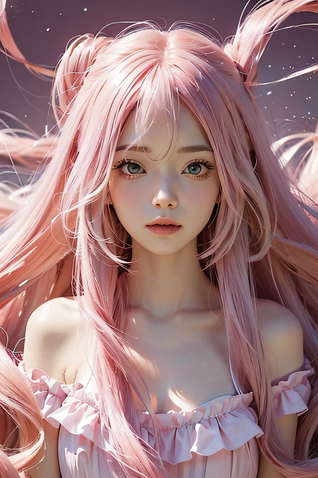 Flowing pink hair, Long flowing pink hair, long bubblegum hair, with pink hair, Pink girl, pink hues, ((Pink)), Long pink hair, pink straight hair, curly pink hair
