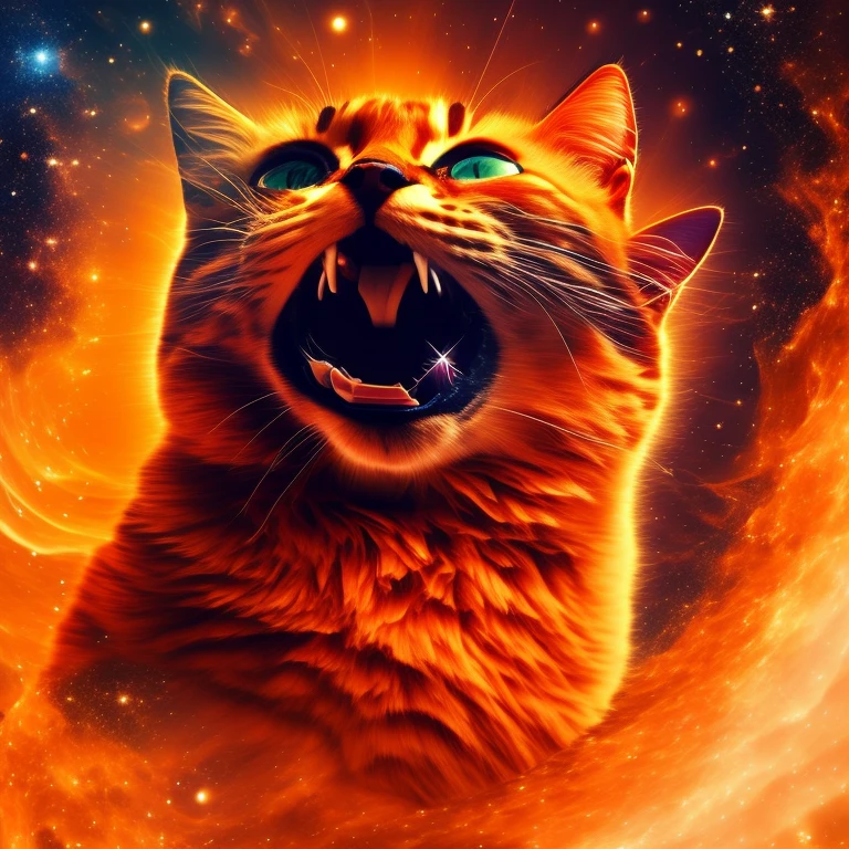 1 orange cat, concept art, abstract, fusion of cat and universe, universe seen through the cat, open mouth, dreamlikeart