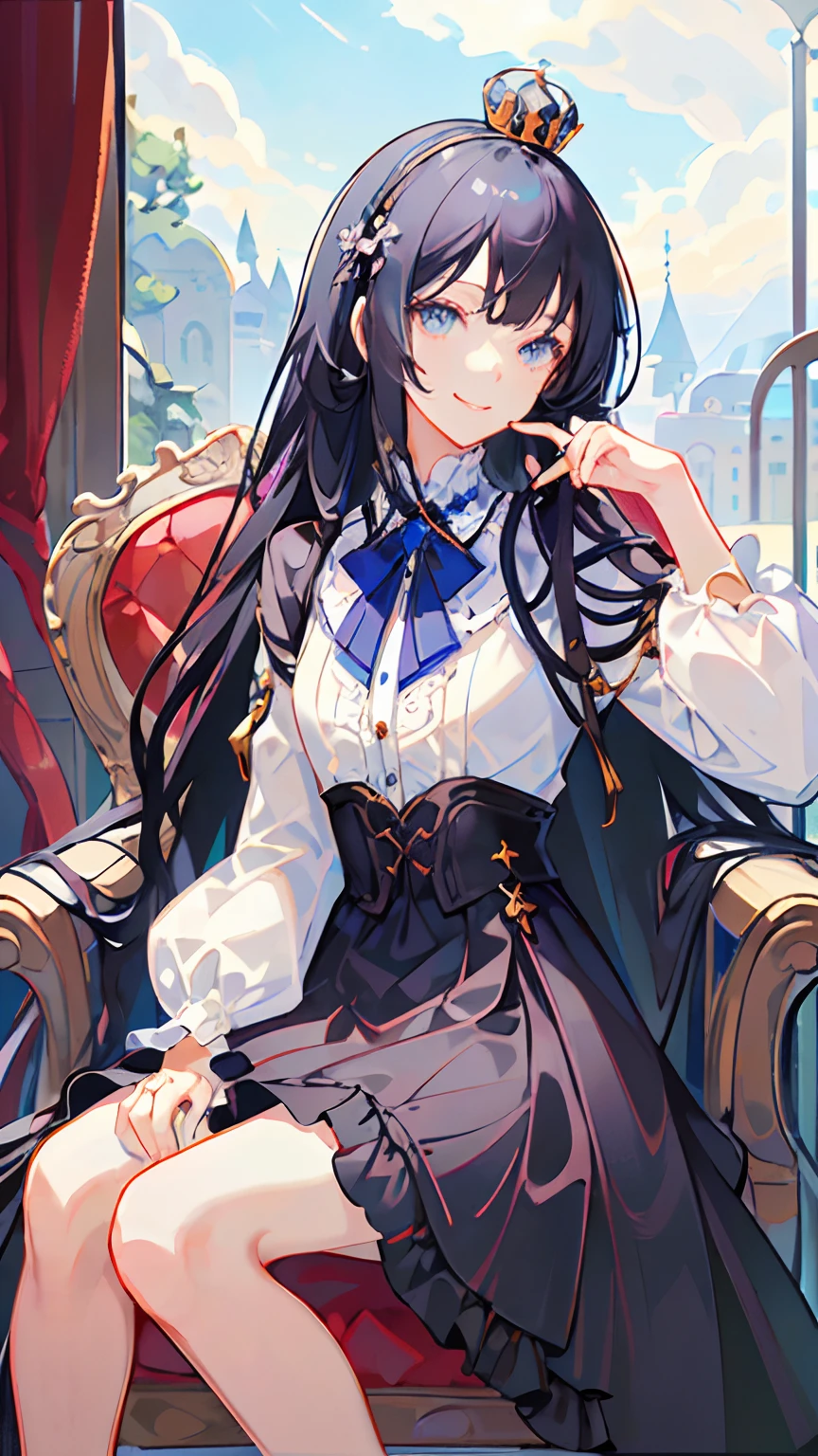 (masterpiece) Princess of Arcangela who has a straight hair but curled ends, and middle and straight bangs, her eyes is shiny black and her hair is black shiny shimmering splendid hair. smile cutely and her dress is ****ta dress, she's sit on princess chair near window and her finger is stepped on by a cute blue bird, her hair has a princess crown.