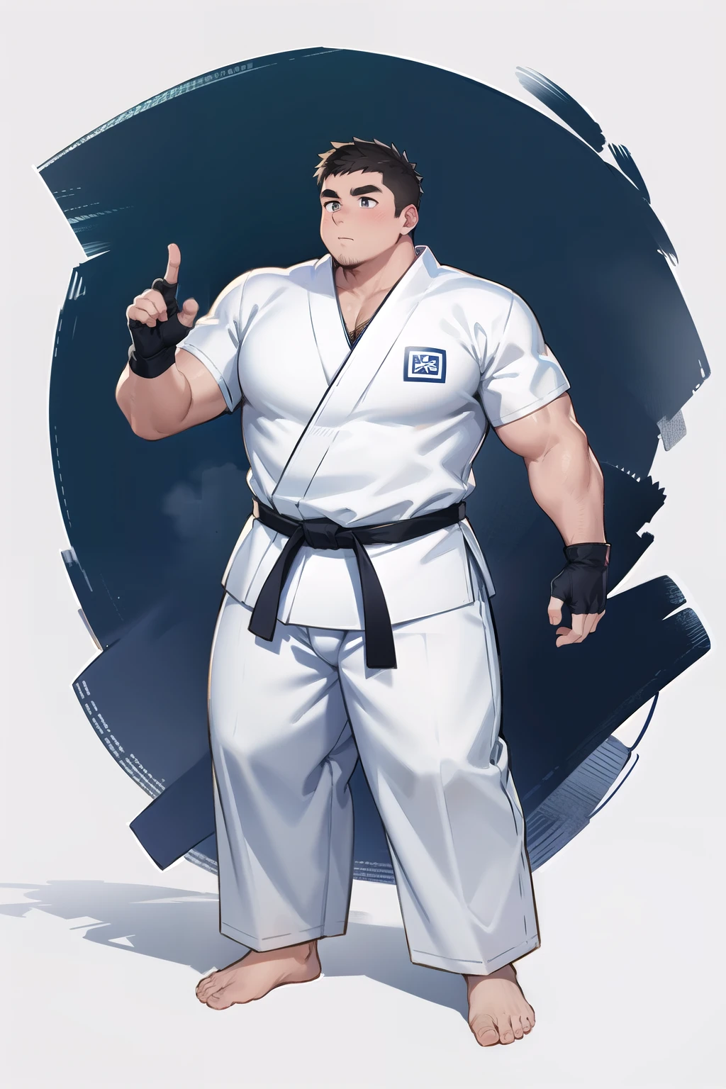 ((1boy_only, (solo), chibi:0.25)), (chubby:1.5, stocky:1.2, round_face), ((white judo gi)), ((dougi)), barefoot, ((long pants)), (bara:1.3), (shota:0.45), buzz_cut, full body shot, ((cool, cute, awesome)), (fingerless gloves), (front_view), (chubby_face:0.8),Male focus, standing_idle, (serious_look:0.4)
