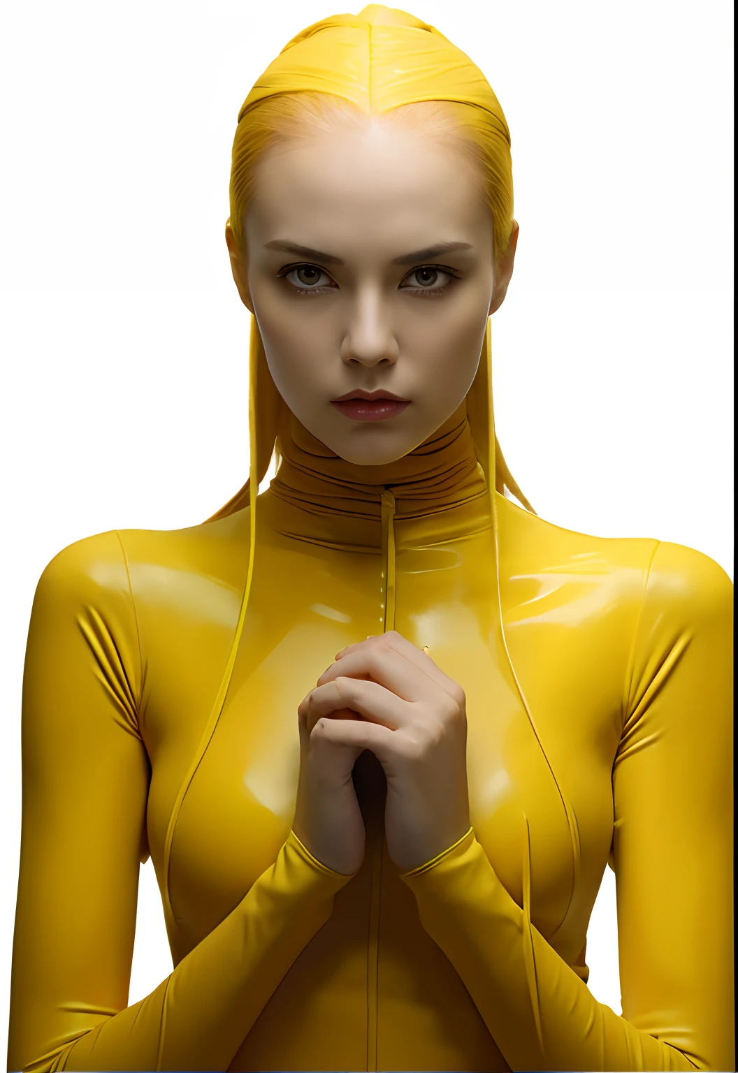 **woman in yellow bizzare elastic rubber high neck, Praying pose, looking slightly upward,twin ponytail hairstyle, yellow palette,new photos by cara mckenzie photojournalist of the day, Gottfriedÿ Helnwein, RF28-70mmf2, f/1.6, symmetrical,Shooting in Raw format, ebru sidar, gothic dark and ornate,Surrealism with an edge, 8k resolution