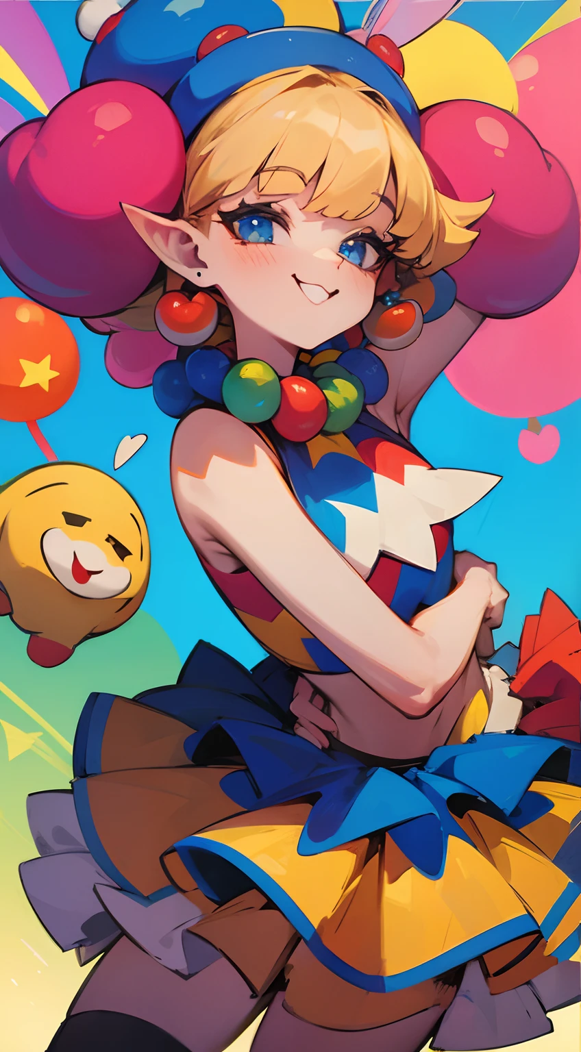 a cute clown woman, she is a milf and maybe 50 years of age, she has large breasts, there a vivid pastel colours, the woman is quite tall and her ass is showing, she is naked,