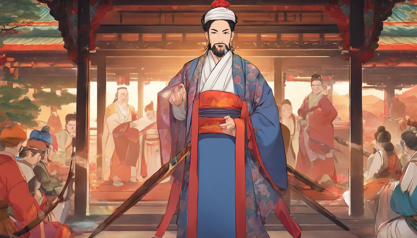 Best quality, Masterpiece, 超高分辨率,,Highly detailed,Masterpiece,Asian male,in a panoramic view,On the sports field,There are a lot of people,Bow and arrow competition,Archery competition,wearing a hanfu,Square face,Deep eyes,Beard