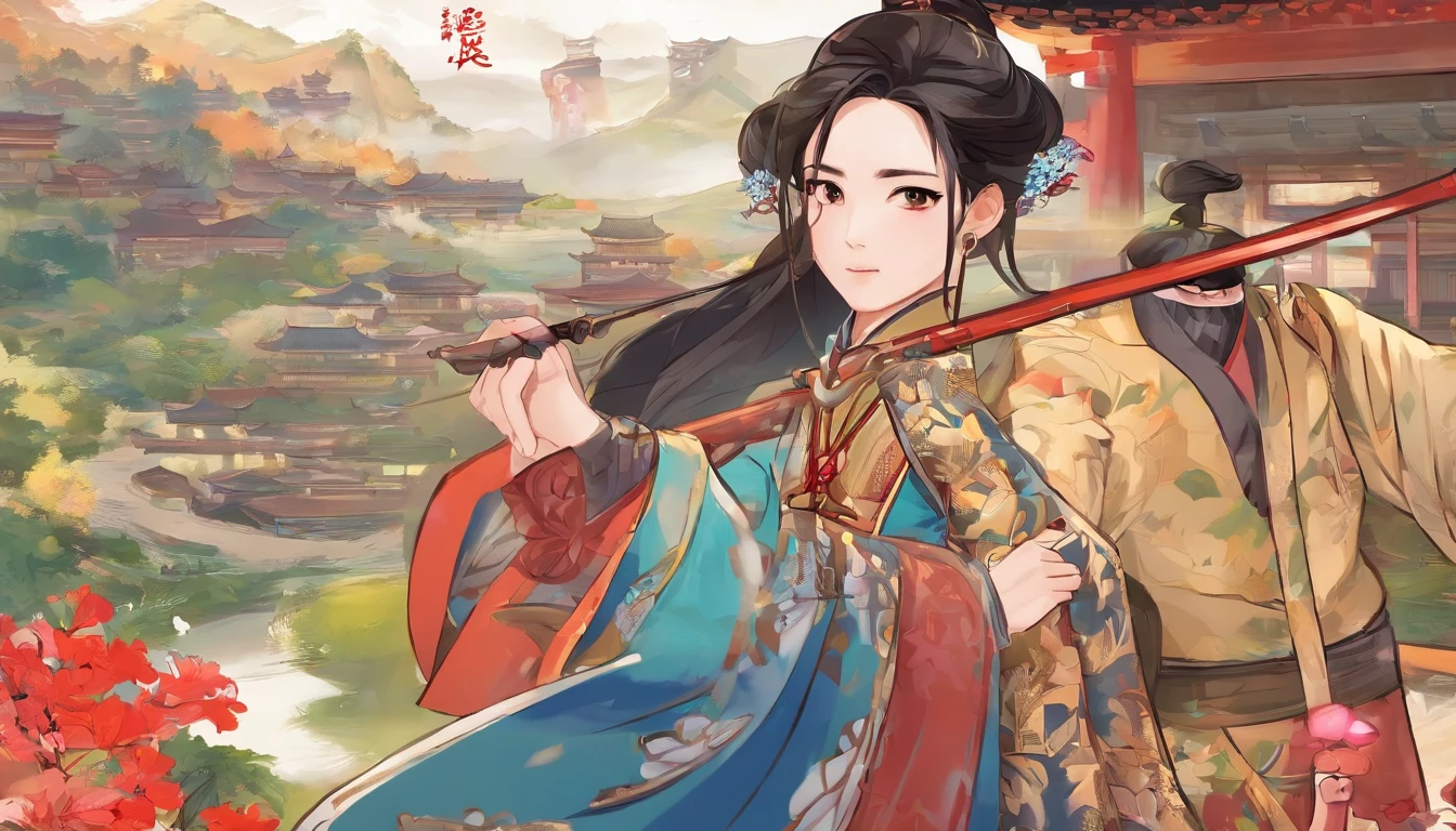 Best quality, Masterpiece, 超高分辨率,,Highly detailed,Masterpiece,Asian male,in a panoramic view,On the sports field,There are a lot of people,Bow and arrow competition,Archery competition,wearing a hanfu,Square face,Deep eyes,Beard