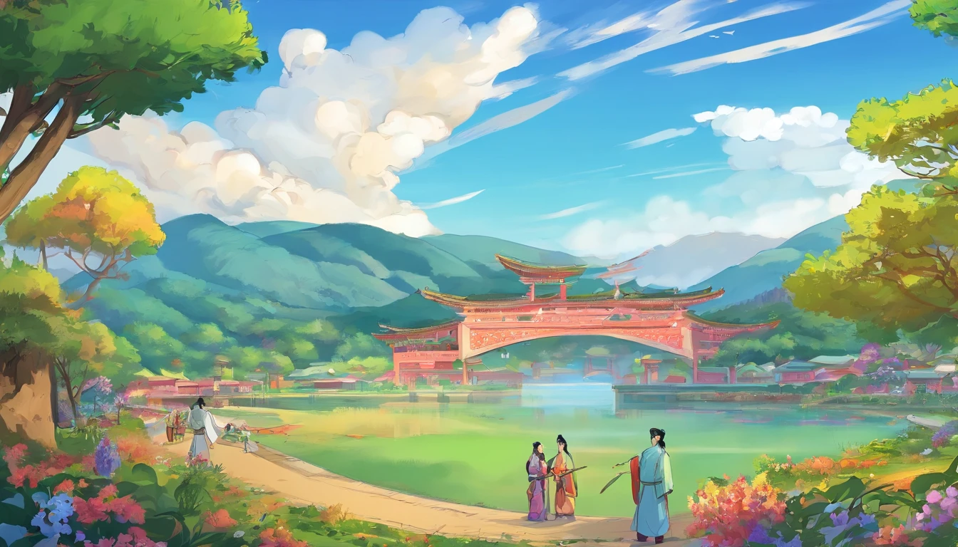 Best quality, Masterpiece, 超高分辨率,,Highly detailed,Masterpiece，Asian male，in a panoramic view，On the sports field，There are a lot of people，Bow and arrow competition，Archery competition，wearing a hanfu，Square face，Deep eyes，Beard