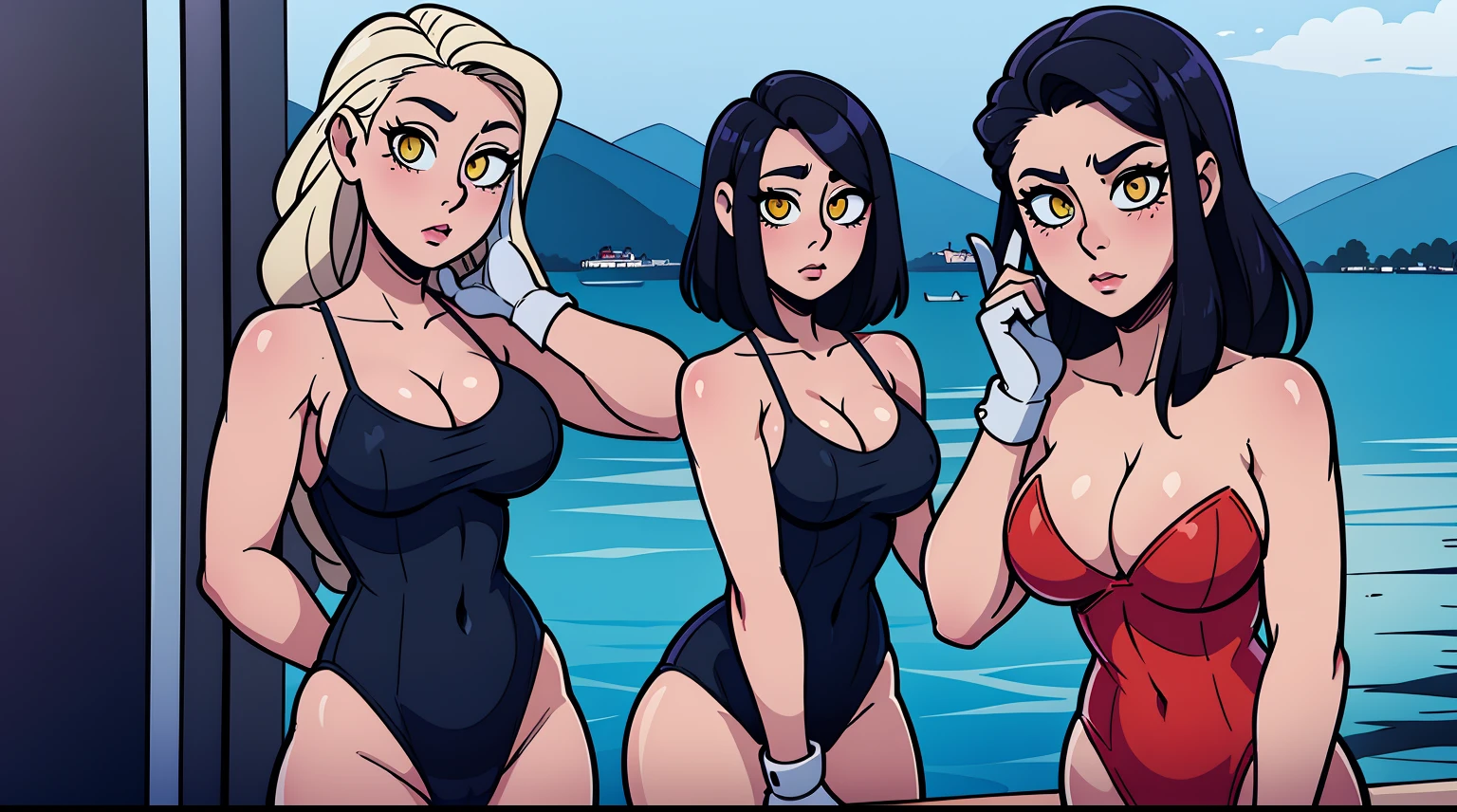 (Masterpiece, Best Quality:1.2), Shadman, helltaker, The action takes place on a ship, 1girl, 가슴, 独奏, official alternate costume, gloves, Long hair, Yellow eyes, large breasts, black hair, cleavage, looking a viewer, leotard, wrist cuffs, black swimsuit, upper-body, blusher, bare shoulders, scenery, exteriors, skye, reflection, water, Abstract background