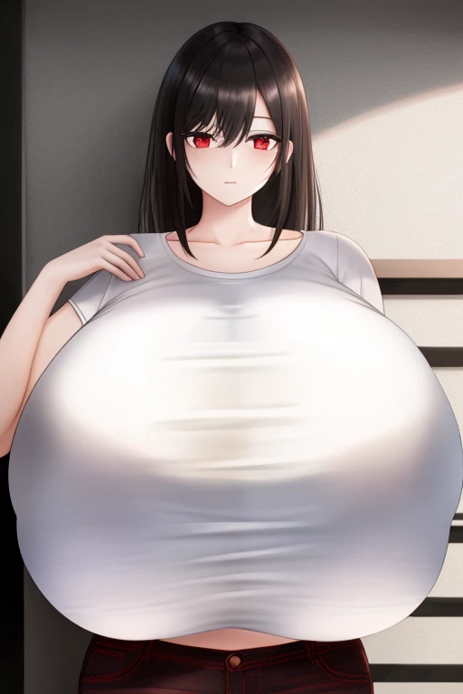 Black hair, red eyes, white t-shirt, pale skin, jeans, 1girl, (large breasts:1.7), bedroom, (stretched shirt over bust:1.3), (slight ripping in the shirt over bust:1.3