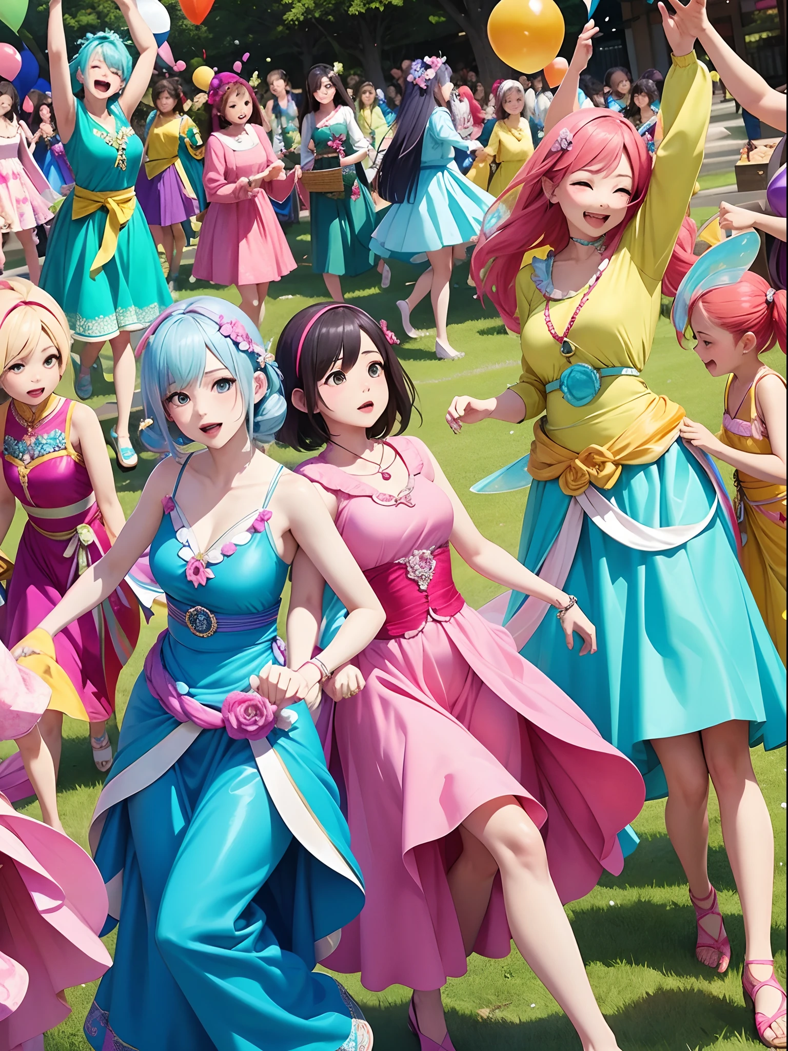 Colorful dresses,Adult ladies,A large gathering of jelly bean fairies、A lot、Gather a lot、Revelry、dance