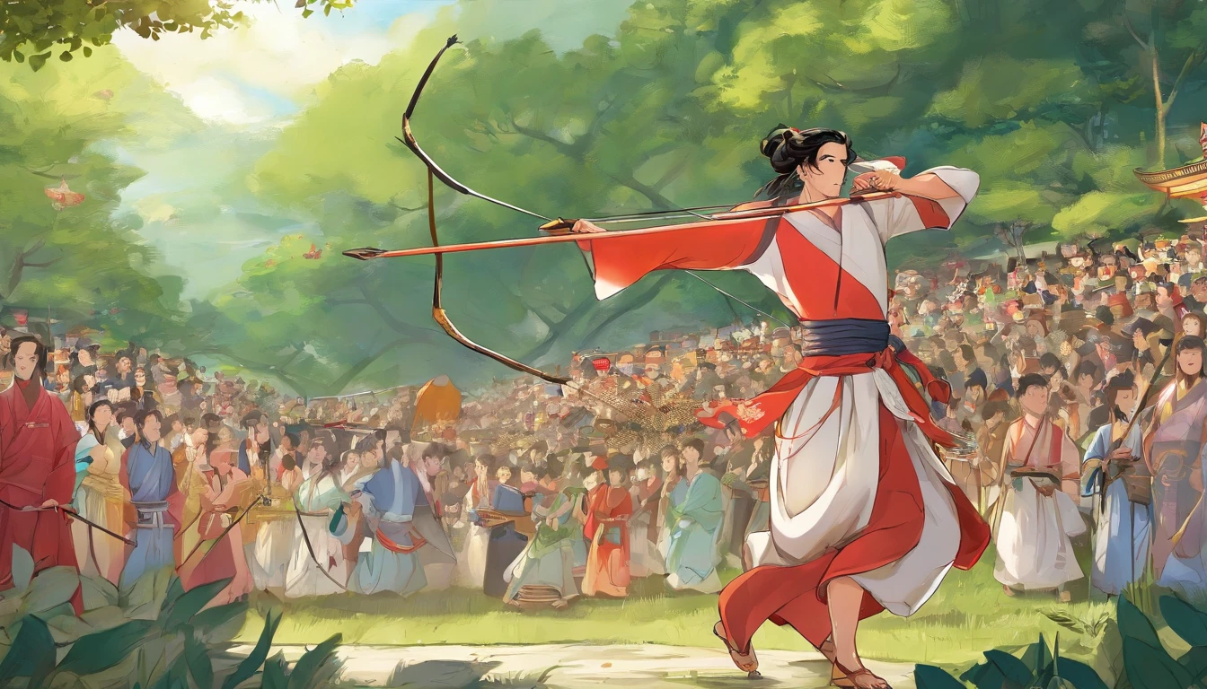 Best quality, Masterpiece, 超高分辨率,,Highly detailed,Masterpiece，Asian male，in a panoramic view，Bow and arrow competition，Archery competition，On the sports field，There are a lot of people，wearing a hanfu，Square face，Deep eyes，Beard