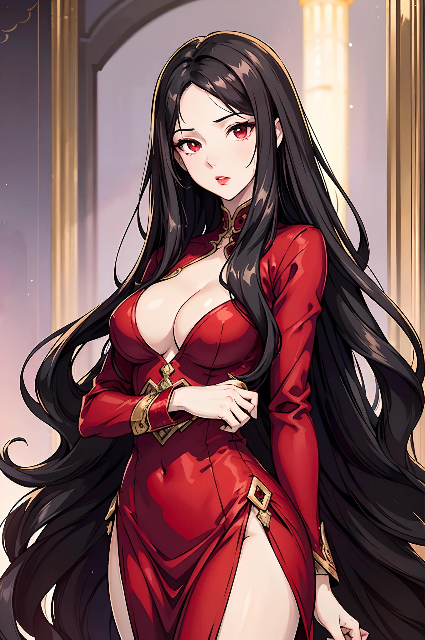beautiful girl, long black hair, wavy hair, pale skin, healthy skin, middle eastern face, mature face, honest expression, red eyes, beautiful shining eyes, red lips, young adult, 19 years old, red dress, long dress, expensive silk, medium-sized breasts, standing, luxury background, luxury restaurant
