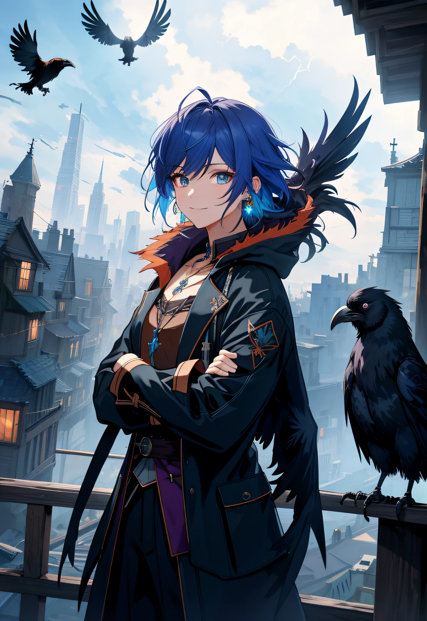 (best quality,highres,masterpiece:1.2), realistic,fischl,genshin impact,anime,electric blue hair,sly smile,playful eyes,mysterious aura,dark clothing,emerald earrings,nighttime rooftop,moonlit sky,stormy clouds,electric thunderbolts,holding a raven,crossed arms,electric charged necklace,faint glowing runes,copper bow and arrows,carrying a raven-feathered cloak,standing on a lightning bolt,crackling electricity,adventurer attire,dynamic pose,surrounded by crows,cityscape below,hidden secrets and mischief,vivid colors,anime art style,painterly details