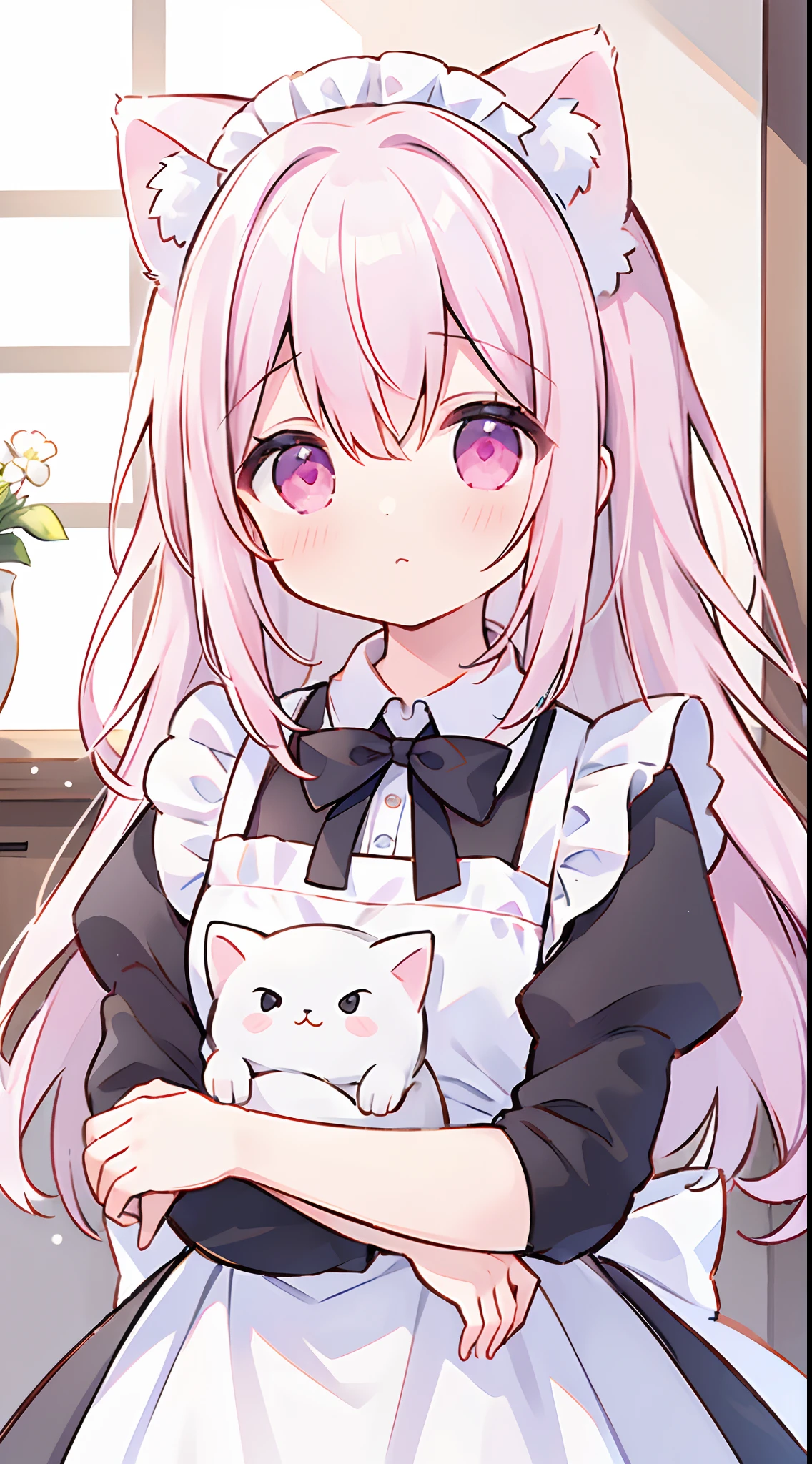 ((Masterpiece，8K，Top image quality，hiquality，Best Quality))girl1、1人、Pink eyes、Pinkish gray hair、cute little、(((Lori)))、cat ear、maid clothes、Upper body only