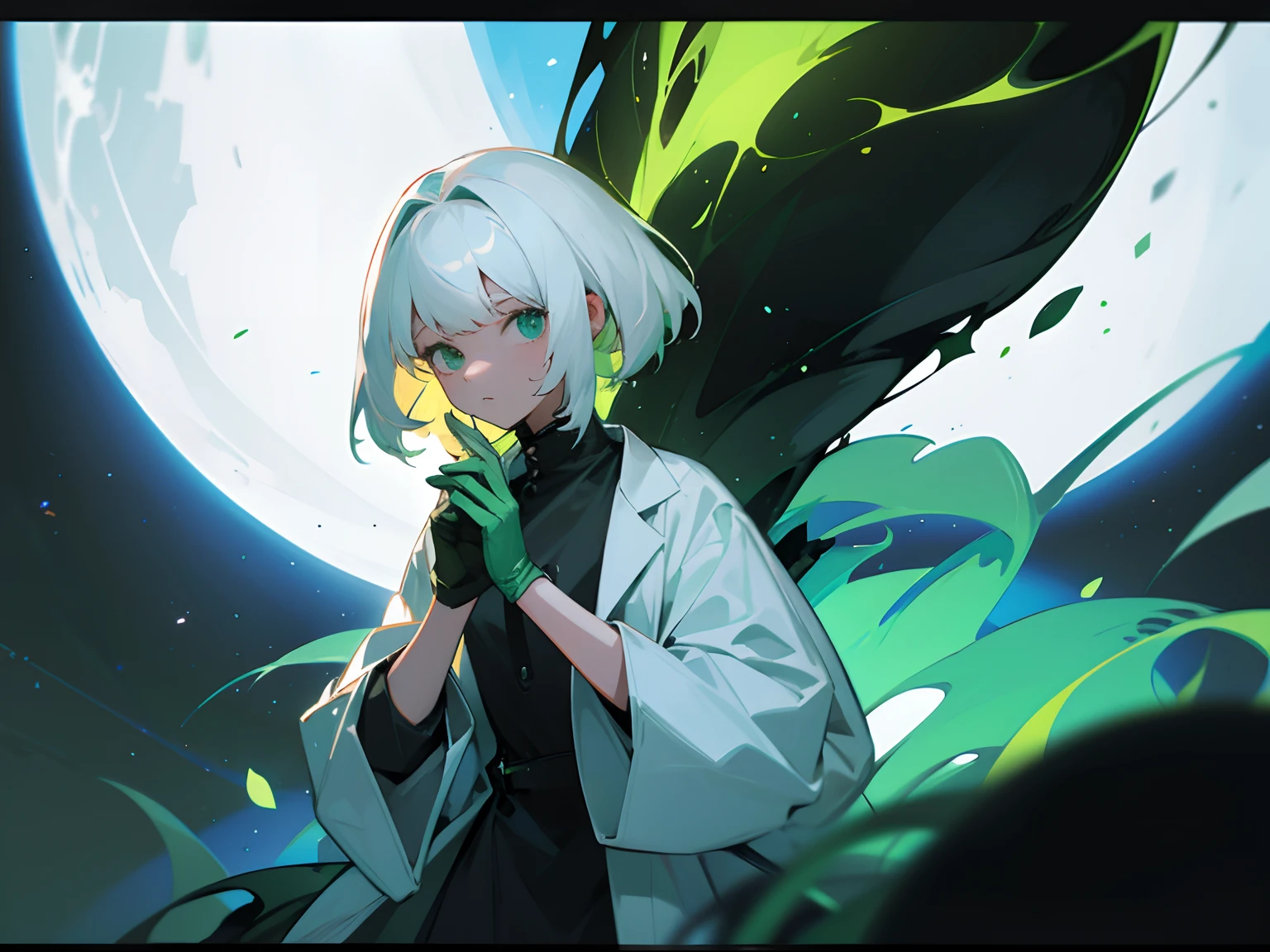 White-haired scientist with green tips and black hole in hands