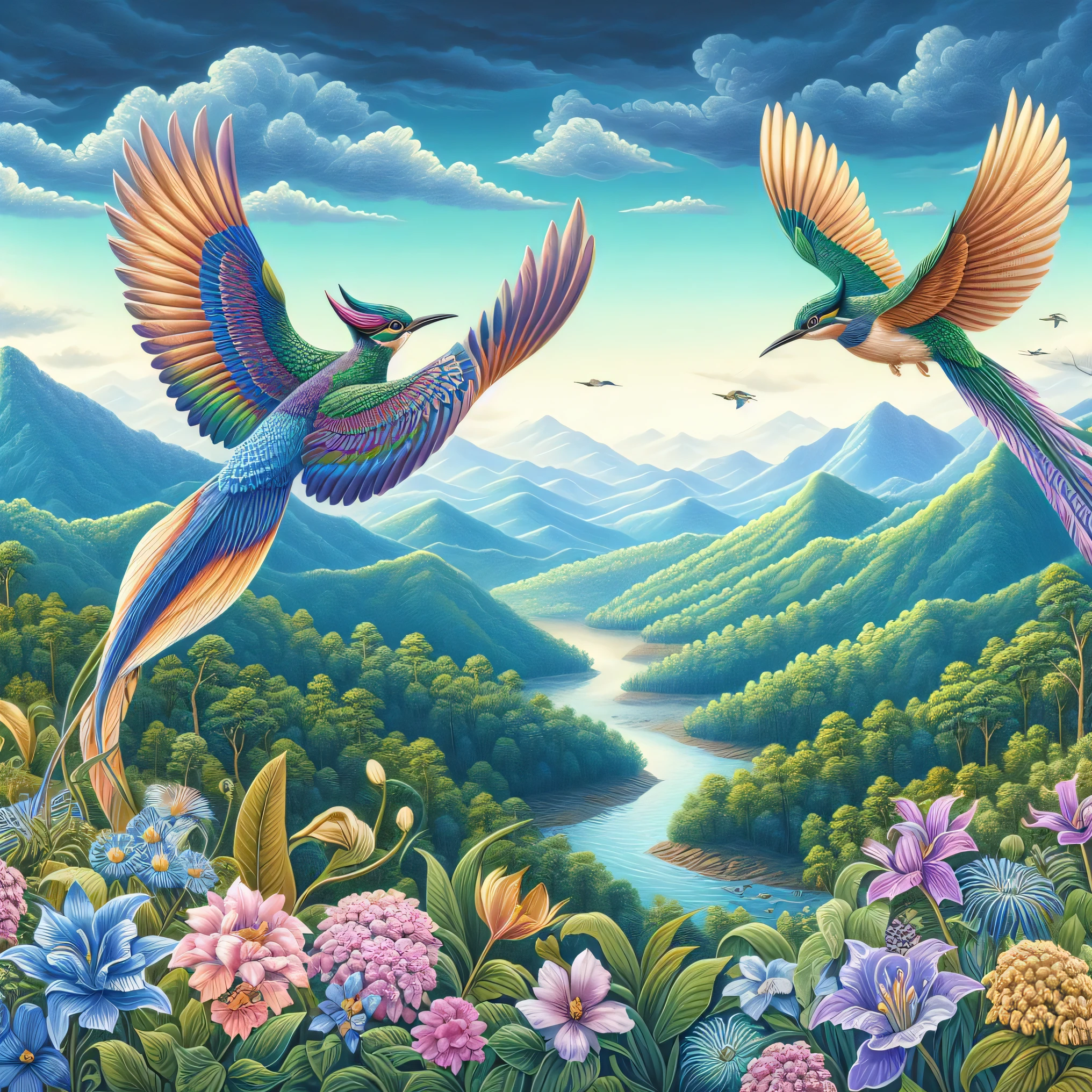 painting of two birds flying over a lush green valley with flowers, by David B. Mattingly, birds of paradise, mystical birds, contest winning masterpiece, detailed painting 4 k, river with low flying parrots, intricate fantasy painting, mythical floral hills, whimsical fantasy landscape art, inspiring birds eye vista view, inspired by Vladimir Kush, birds and butterflies