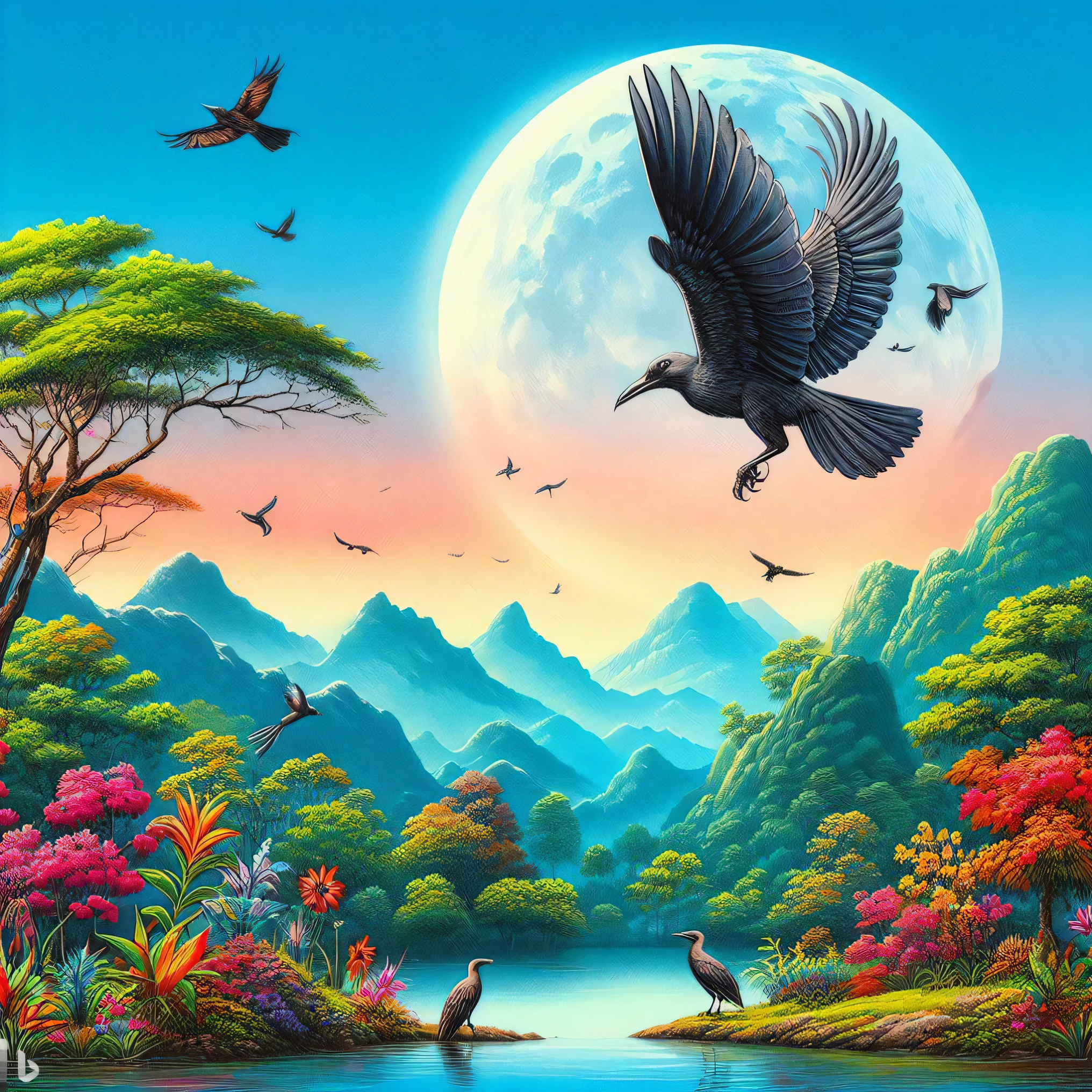 a painting of birds flying over a river with a full moon in the background, mystical birds, epic surrealism 8k oil painting, beautiful art uhd 4 k, 8k high quality detailed art, highly detailed barlowe 8 k, detailed painting 4 k, jim warren, 8k stunning artwork, 4k highly detailed digital art, fantasy highly detailed, amazing depth