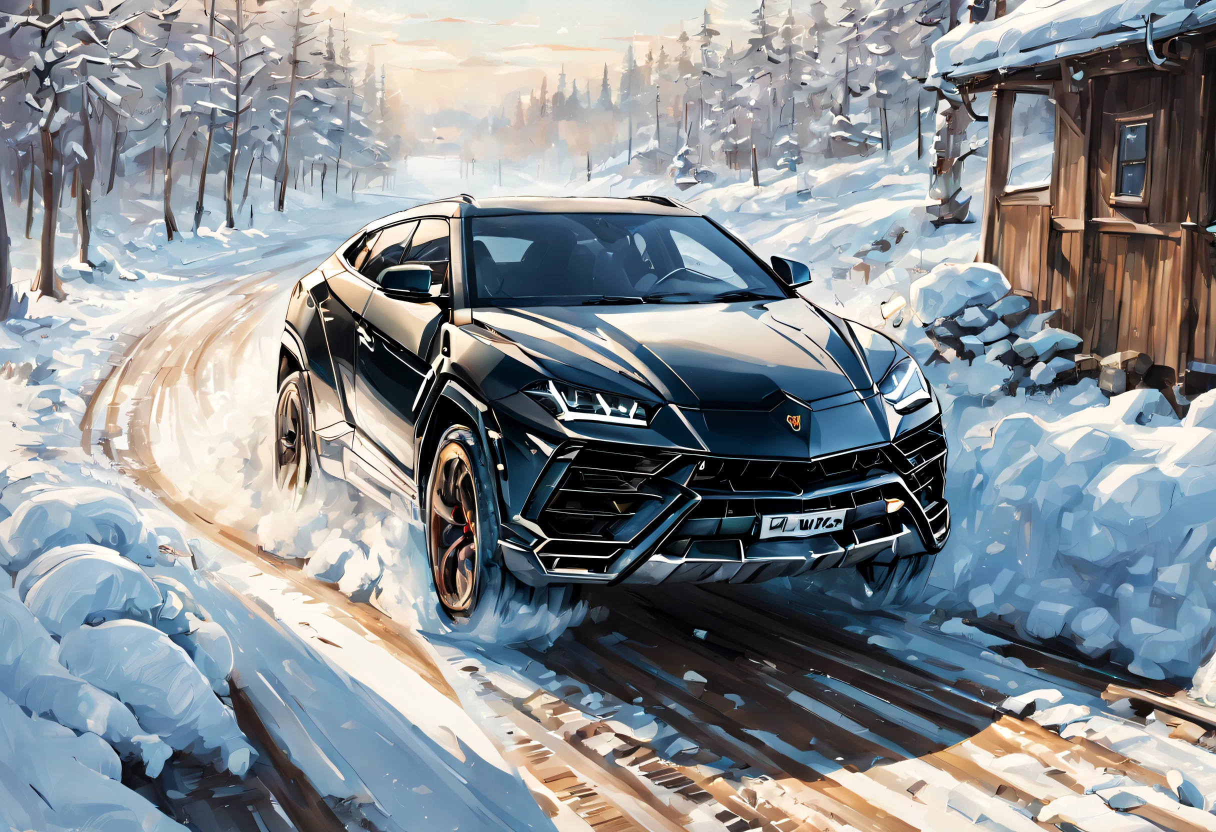 Lamborghini Urus, en train de rouler sur la neige, style dessin manga, Realstic, Distant view