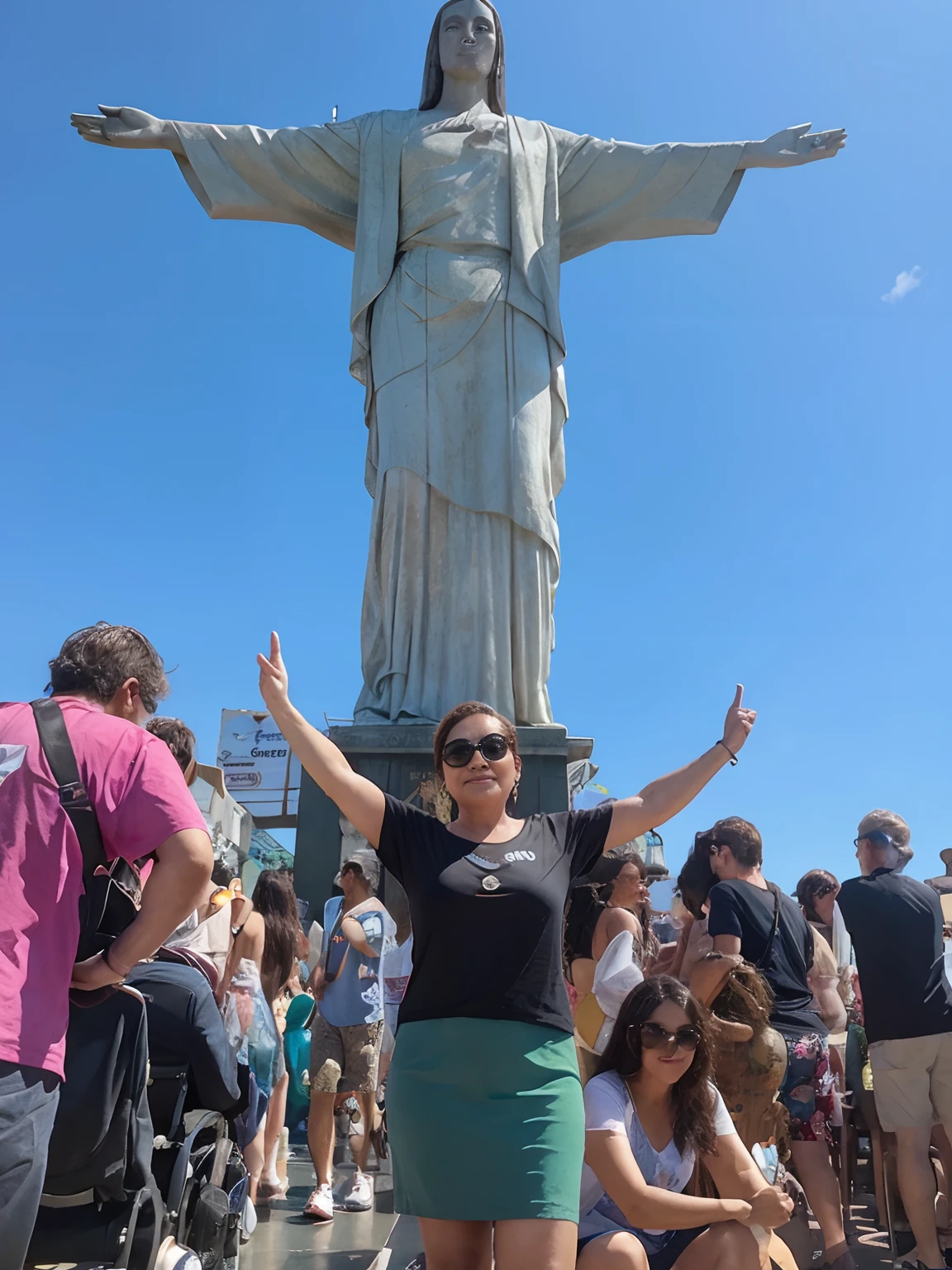 Estilo pixar. Mulher de 50 anos com muitas pessoas ao fundo e de pano de fundo a estatua do cristo  redentor