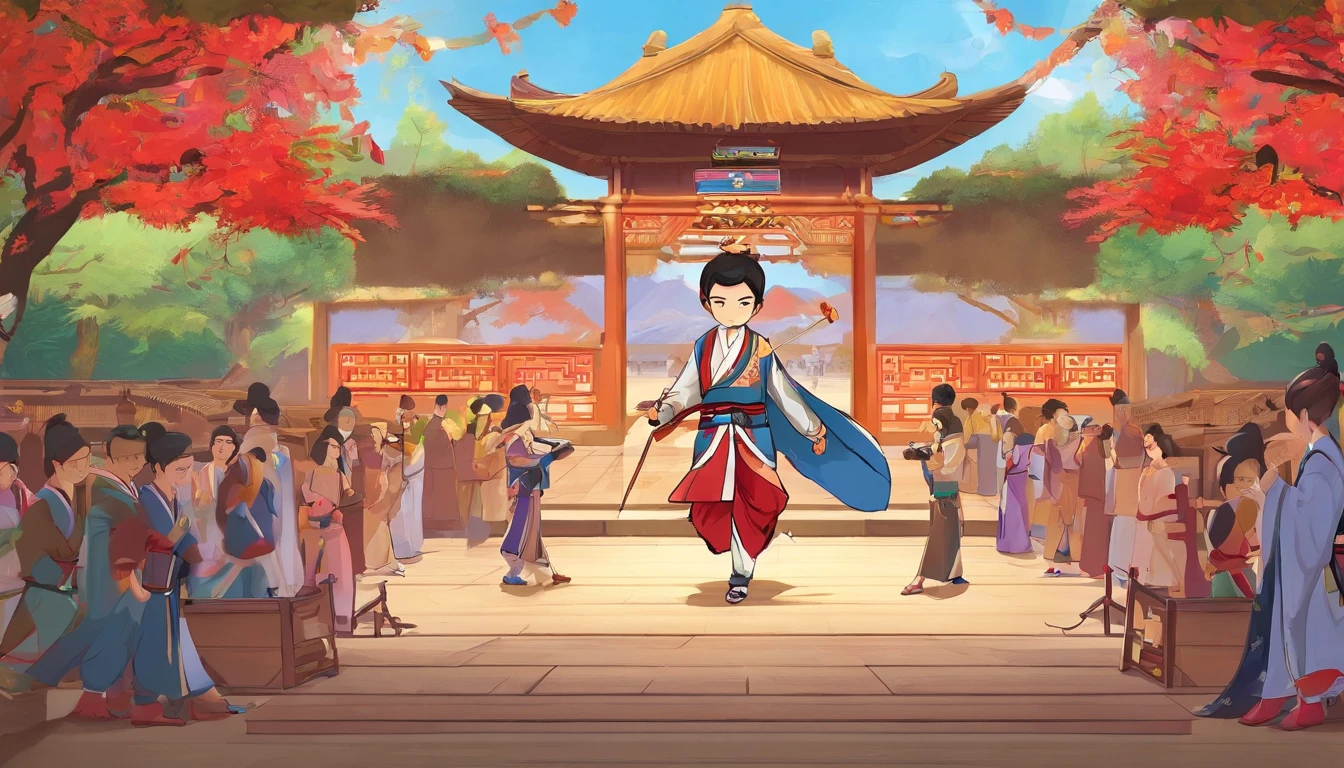 Best quality, Masterpiece, 超高分辨率,,Highly detailed,Masterpiece，Asian male，in a panoramic view，Bow and arrow competition，Archery competition，On the sports field，There are a lot of people，wearing a hanfu，Square face，Deep eyes，Beard