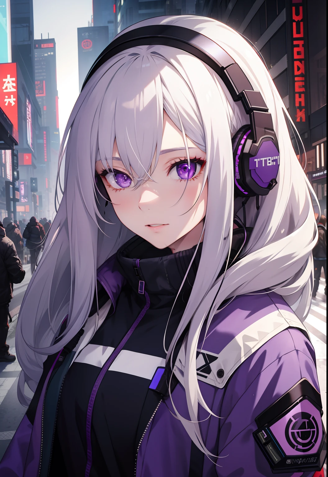 1girl, white hair, long hair, techwear masterpiece, bestquality, realistic, realism, dark purple jacket, portrait, detailed eyes, wearing headset, platinum hair, 21 year old girl, fashion pose, half body, wide shoot, on the street, cyberpunk