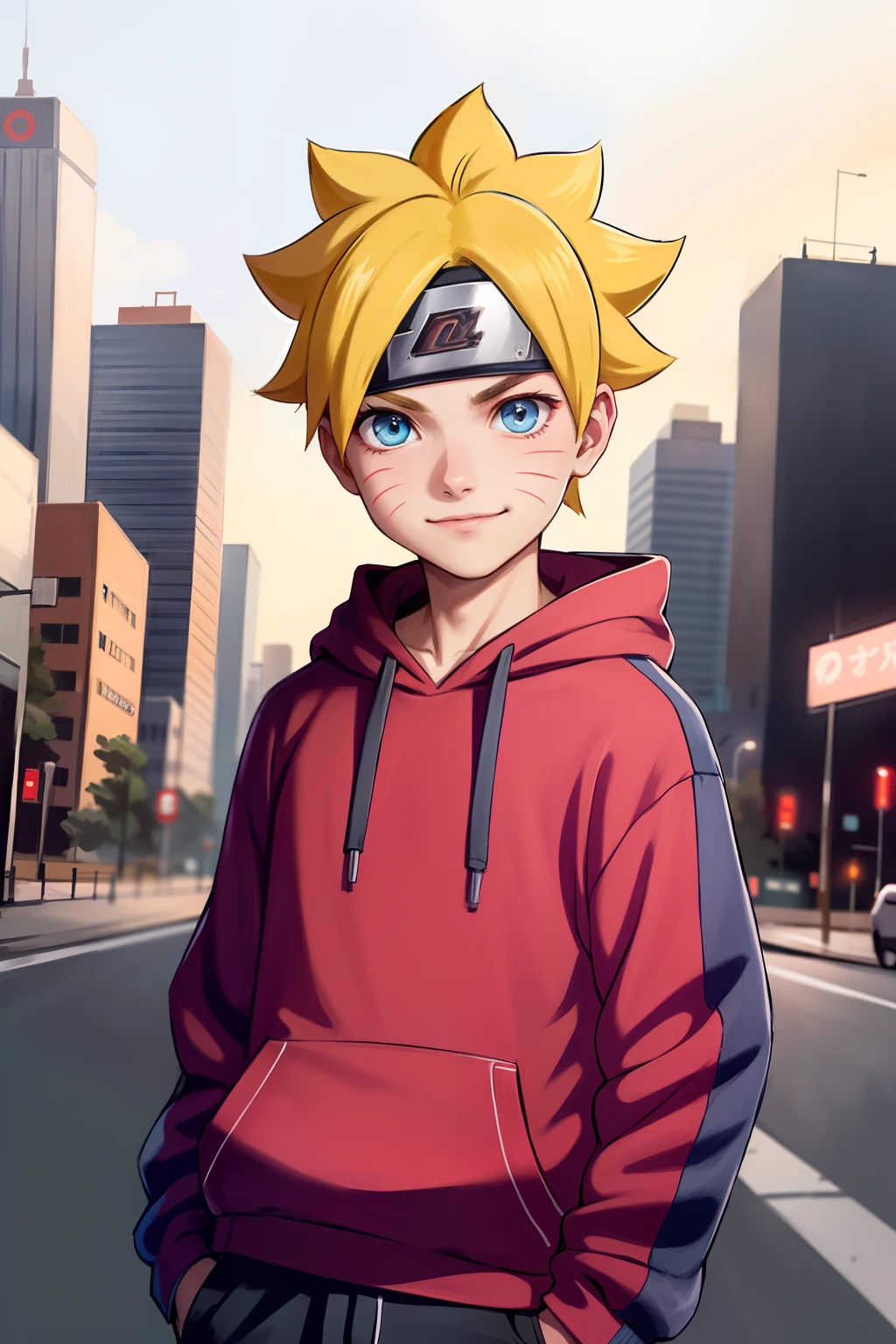 masterpiece, ultra-detailed, 1boy, male focus, upper body shot, Uzumaki Boruto wearing maroon Streetwear Hoodie, yellow hair, Blue eyes, look at viewer, happy face, vibrant colors, cityscape background, dinamic lighting, highly detailed face, stylish, urban style, cool attitude, bokeh, blurry background,