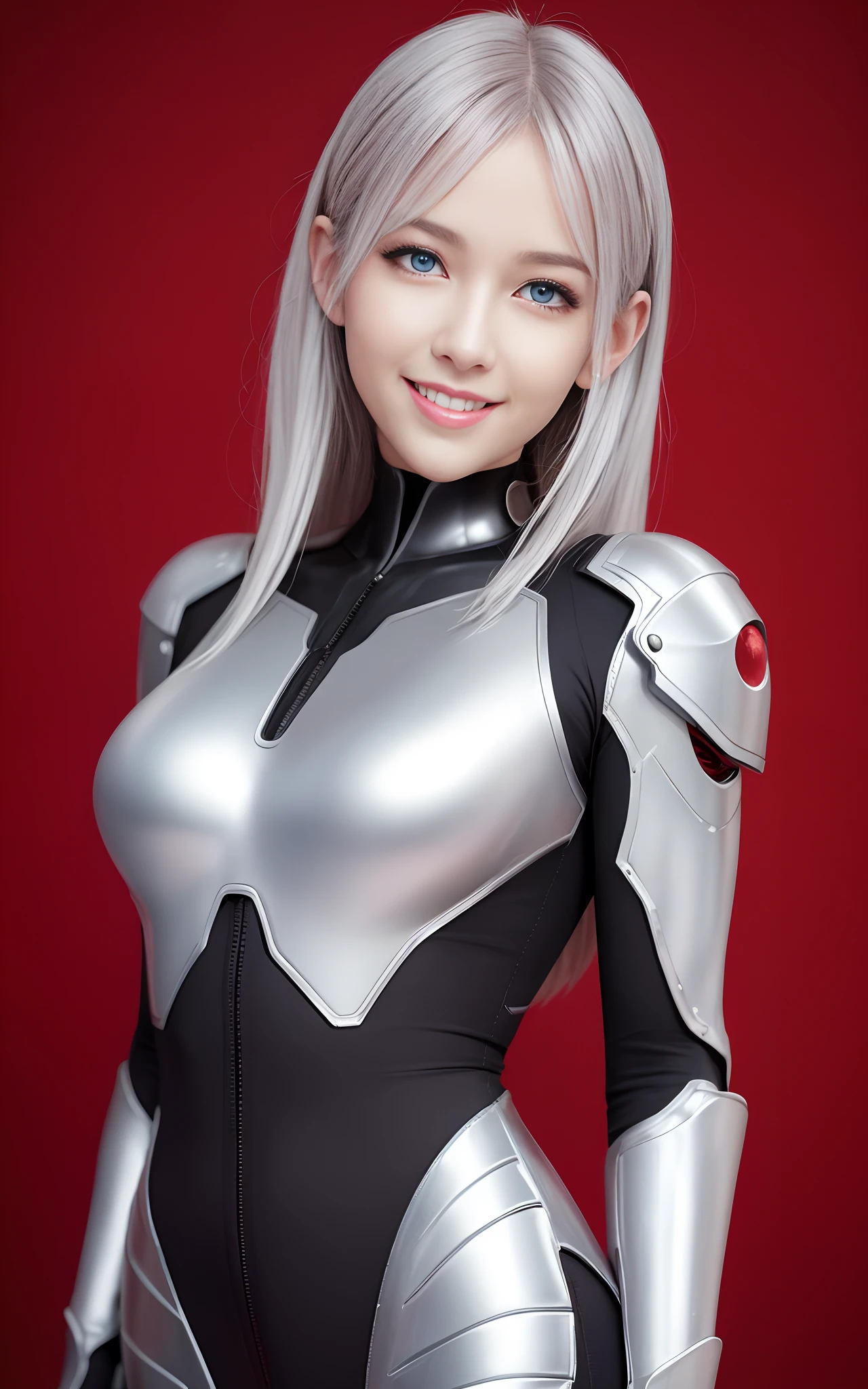 blue eyes, waist shot, stunning proportions, smile, portrait, photorealistic, a beauty girl, skin-tight bodysuit, evangelion style bodysuit, silver hair, armor