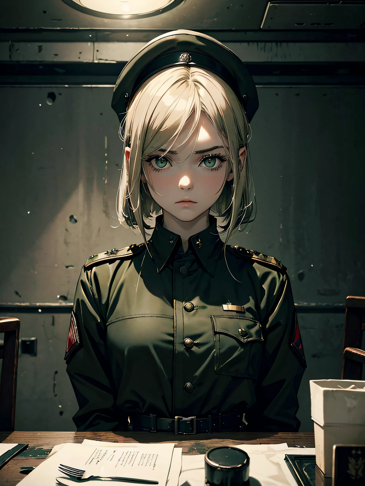 Masterpiece, black blonde styled hair, gloomy girl, dystopian world, military cap, pale military uniform, brown eyes, closed clothung, sits, gloomy military table in the dining room, dystopic art in green iron lights, dim white lights, dystopian post-war cyberpunk