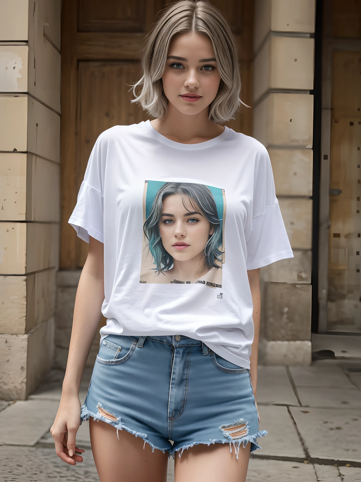 NSFW (en anglais seulement), premier quality, intricate high detail, Chromatic aeration, 1fille dans, drenched, pose de face devant la caméra , a fait demi-tour,  cinematographic angle, short silver hair, Blue highlights, Heterochromia iridis, Doux sourire, T-shirt oversize, Super Super Mini Jupe, Remontez votre jupe pour montrer votre culotte, Tirs de cow-boy, wind lift, (Tshirt oversize: 1.2 pouces), Concrete walls, Gribouiller, La rue