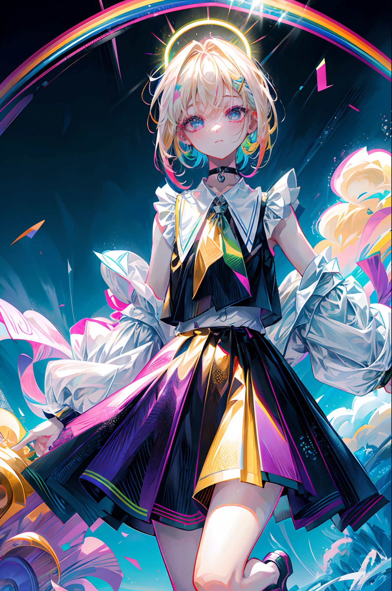 Rainbow on background、Irridescent color、colourfull、top-quality、超A high resolution、(Photorealsitic:1.4)、Female 1 Person、Sleeveless white buttoned shirt、Black skirt、Black Choker、cute little、(Kpop Idle)、(attractiveness:1)、(Platinum Blonde Hair:1)、((Puffy eyes))、Look at the viewer、full body Esbian、Facing the front