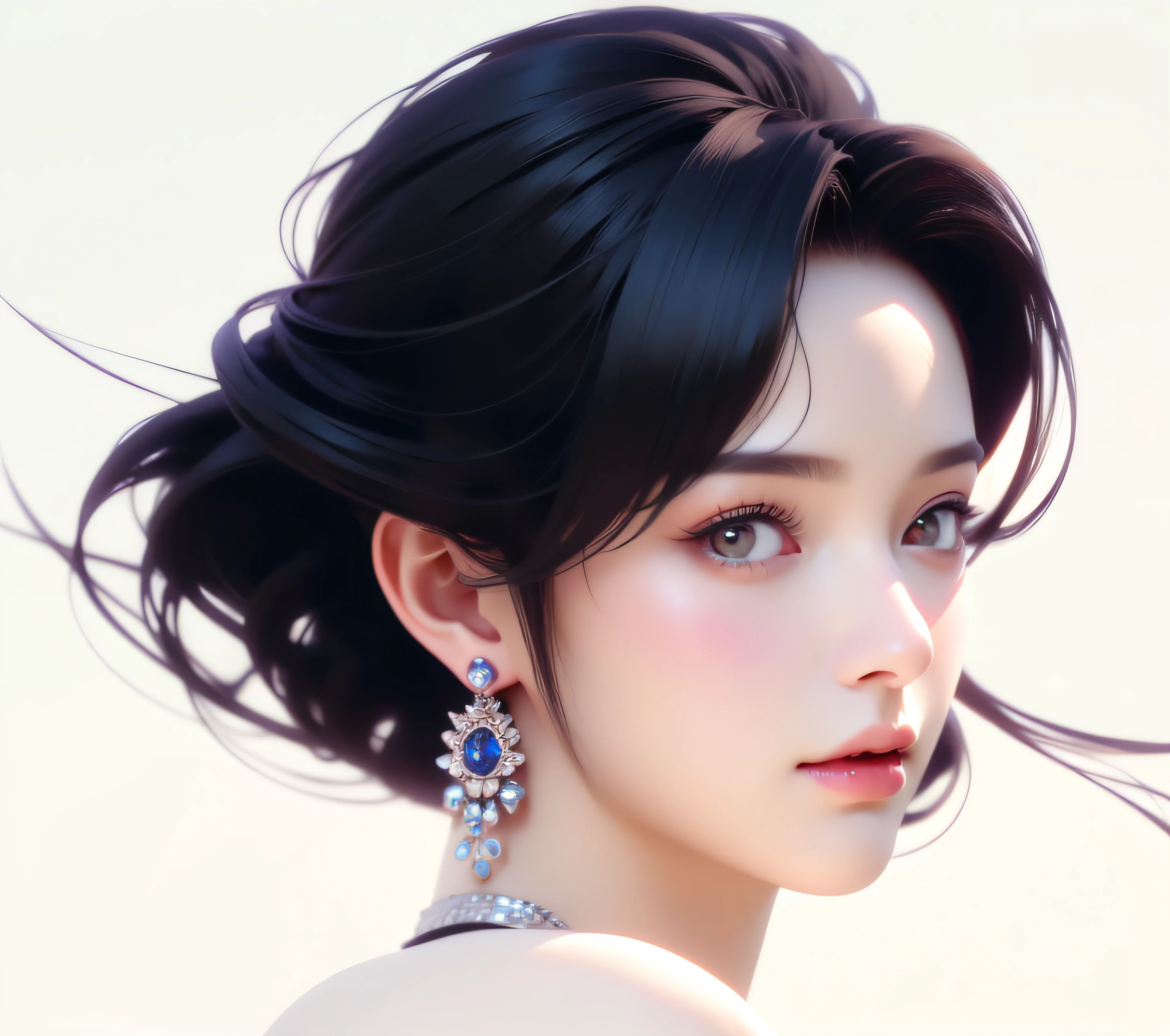 Girl with black hair and black eyes wearing earrings,  black hair and large eyes, Close your right eye，Blink in the right eye，digital art of an elegant, digital art of an elegant, cute elegant pose, , High-quality fanart, The style of digital illustration, 3 D rendering character art 8 K, stunning art style, Anime style, anime styled 3d, stylized portrait formal pose, Stylized digital art, stunning digital illustration，clean backdrop