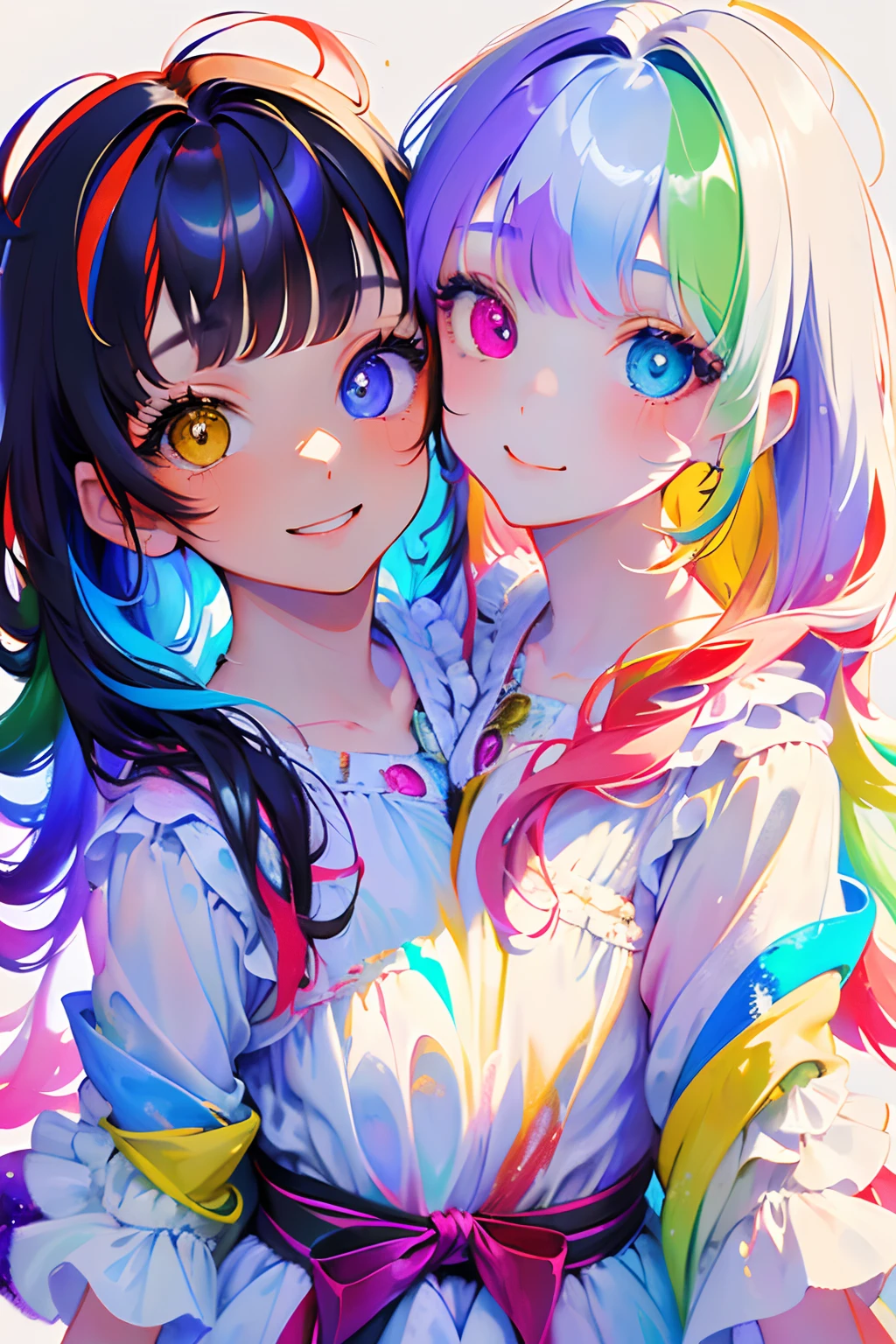 (masterpiece, best quality), best resolution, (2heads:1.5), 1girl, young girl, curly hair, bangs, twin tail, side tail, (Heterochromia), wearing a white dress, smiling, ((detail face)), ((close up)), colorful background, (colorful), (many colors)