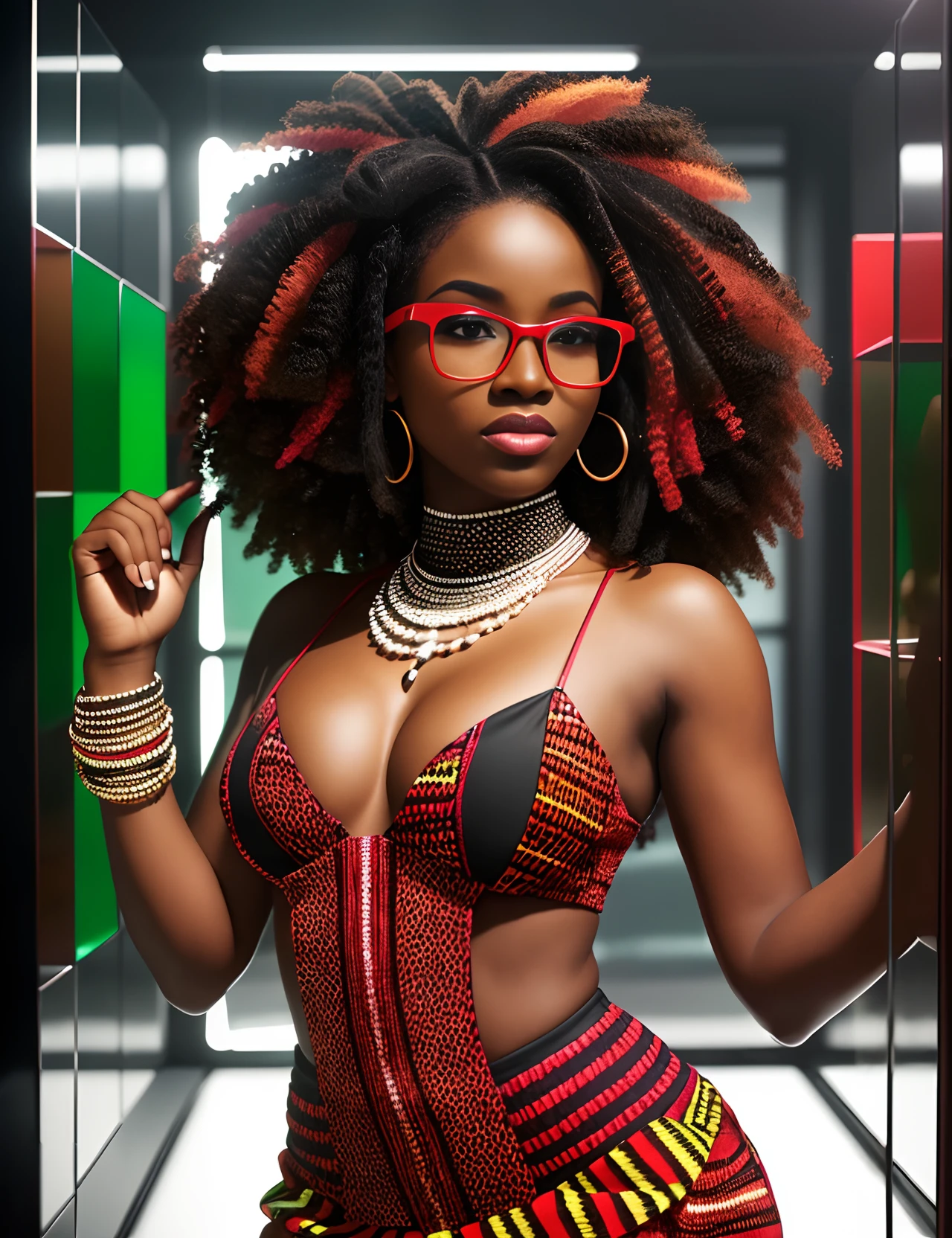 Wide angle shot of a Beautiful black woman with coloured curly hair and dressed in African designed high fashion  clothes, standing in a high fashion model pose in a cube glass room with red and green colours reflecting on the glasses,  whole scene in black and white with some red colour reminiscent of sin city the movie, light, photorealistic image, 32k, ultra HD, cinematic lighting --auto --s2