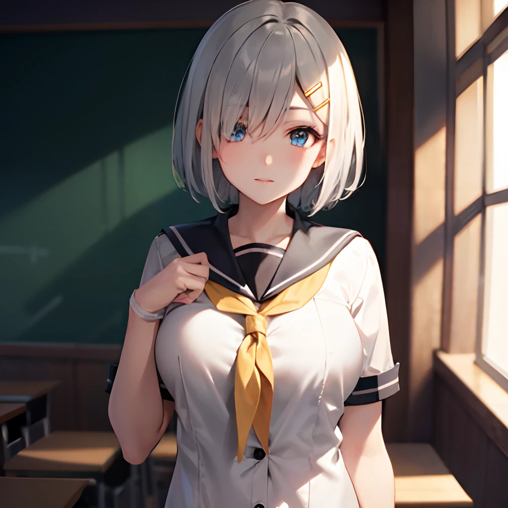 hamakaze, hamakaze, blue eyes, grey hair, hair ornament, hair over one eye, hairclip, short hair, short hair, BREAK black pantyhose, buttons, gloves, grey sailor collar, grey skirt, hairclip, neckerchief, pantyhose, pleated skirt, sailor collar, school uniform, serafuku, skirt, white gloves, yellow neckerchief, BREAK looking at viewer, BREAK indoors, classroom, BREAK (masterpiece:1.2), best quality, high resolution, unity 8k wallpaper, (illustration:0.8), (beautiful detailed eyes:1.6), extremely detailed face, perfect lighting, extremely detailed CG, (perfect hands, perfect anatomy), upper body