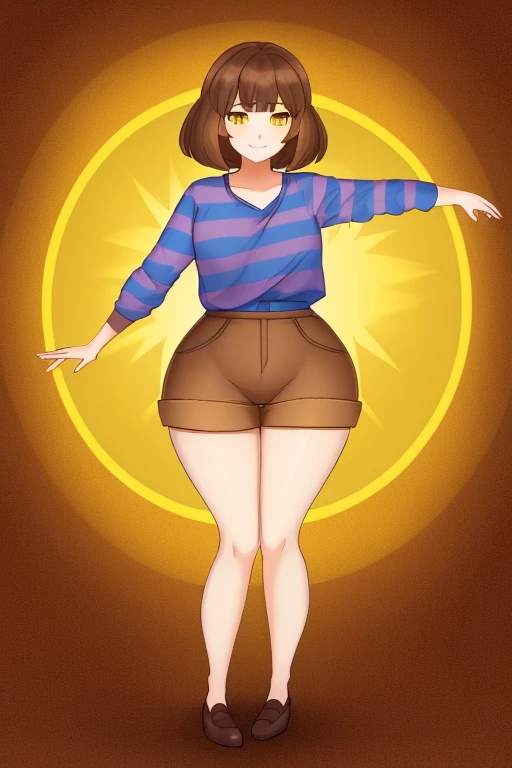 ((best quality)), ((masterpiece)), (detailed), Undertale Frisk, brown hair, (brown shorts:1.3), bob cut, short hair, black pantyhose, (blue shirt:1.3), yellow eyes, (1girl:1.3), (solo:1.3), striped, striped shirt, smiling, (sun flower), (hyper bottom heavy:1.4), (long legs:1.4), (short torso:1.5)