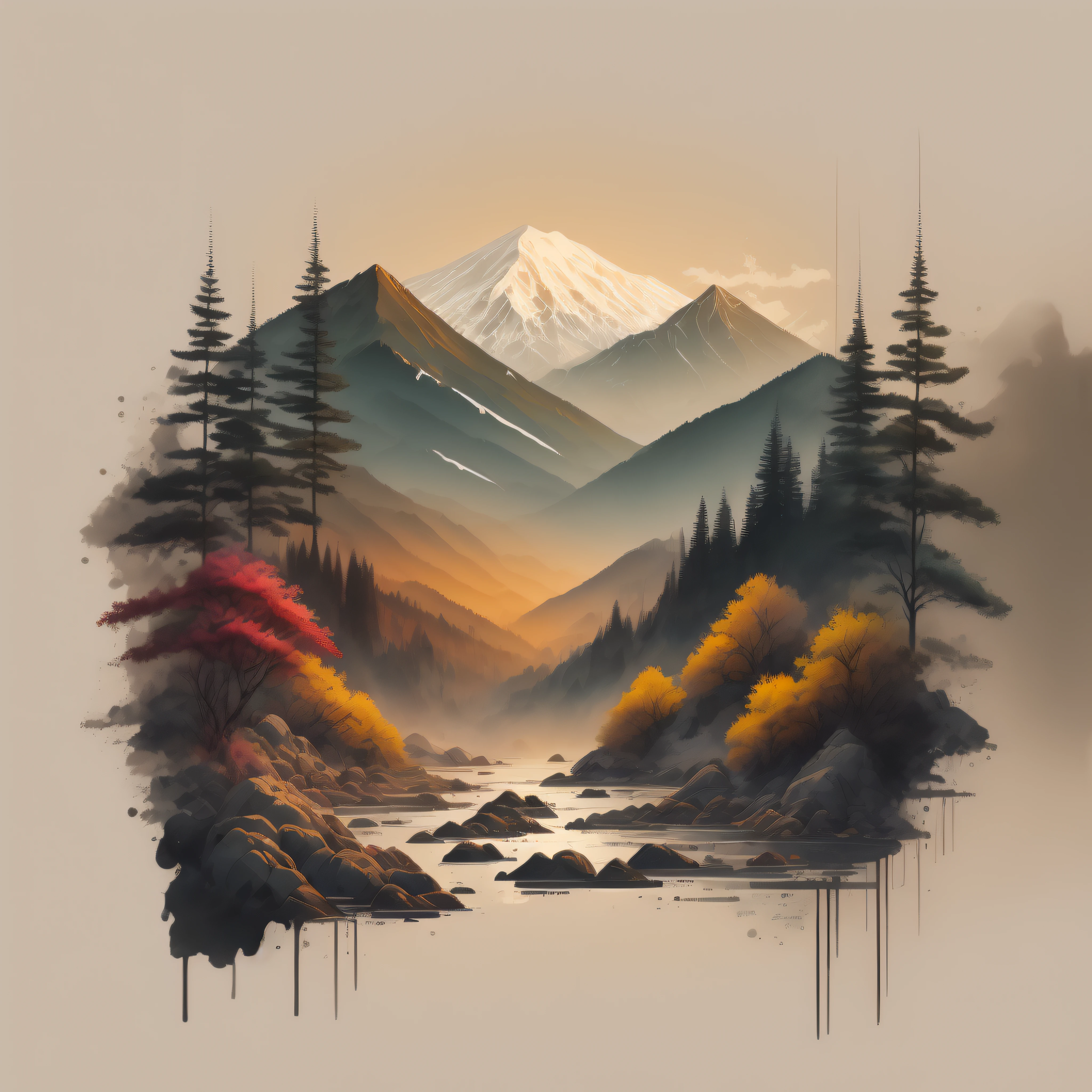 white background, landscape, paint, mountains, water, trees, t-shirt design, vector art