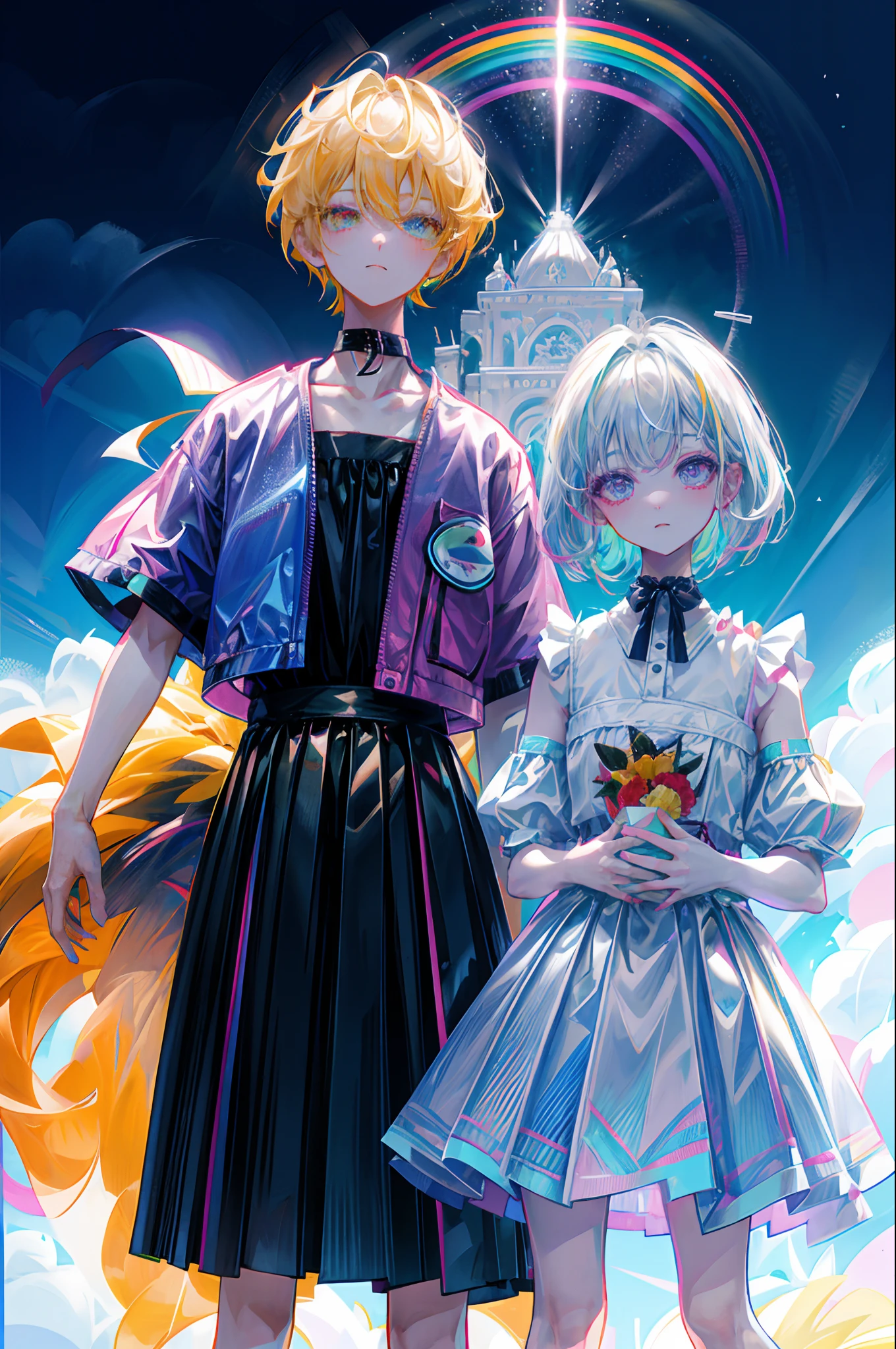 Rainbow on background、Irridescent color、colourfull、top-quality、超A high resolution、(Photorealsitic:1.4)、Female 1 Person、Sleeveless white buttoned shirt、Black skirt、Black Choker、cute little、(Kpop Idle)、(attractiveness:1)、(Platinum Blonde Hair:1)、((Puffy eyes))、Look at the viewer、full body Esbian、Facing the front